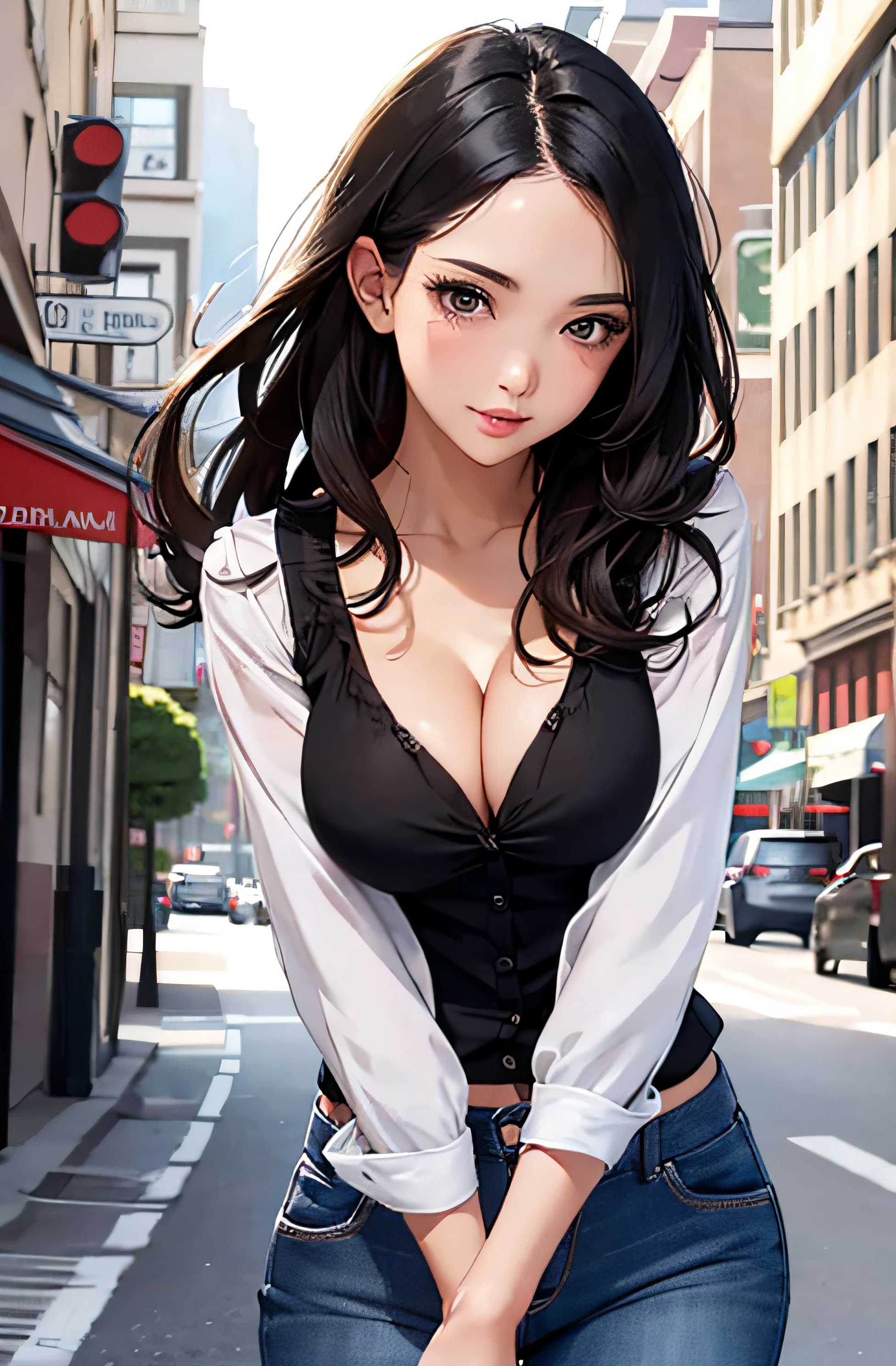 girl in summer clothes, jeans and blouse, black pantyhose, making as if she wants to kiss you, view from viewer, medium breasts, cleavage, cityscape, flirtatious look, ((very detailed)), (perfectly detailed face), (well detailed hand) photorealistic image.