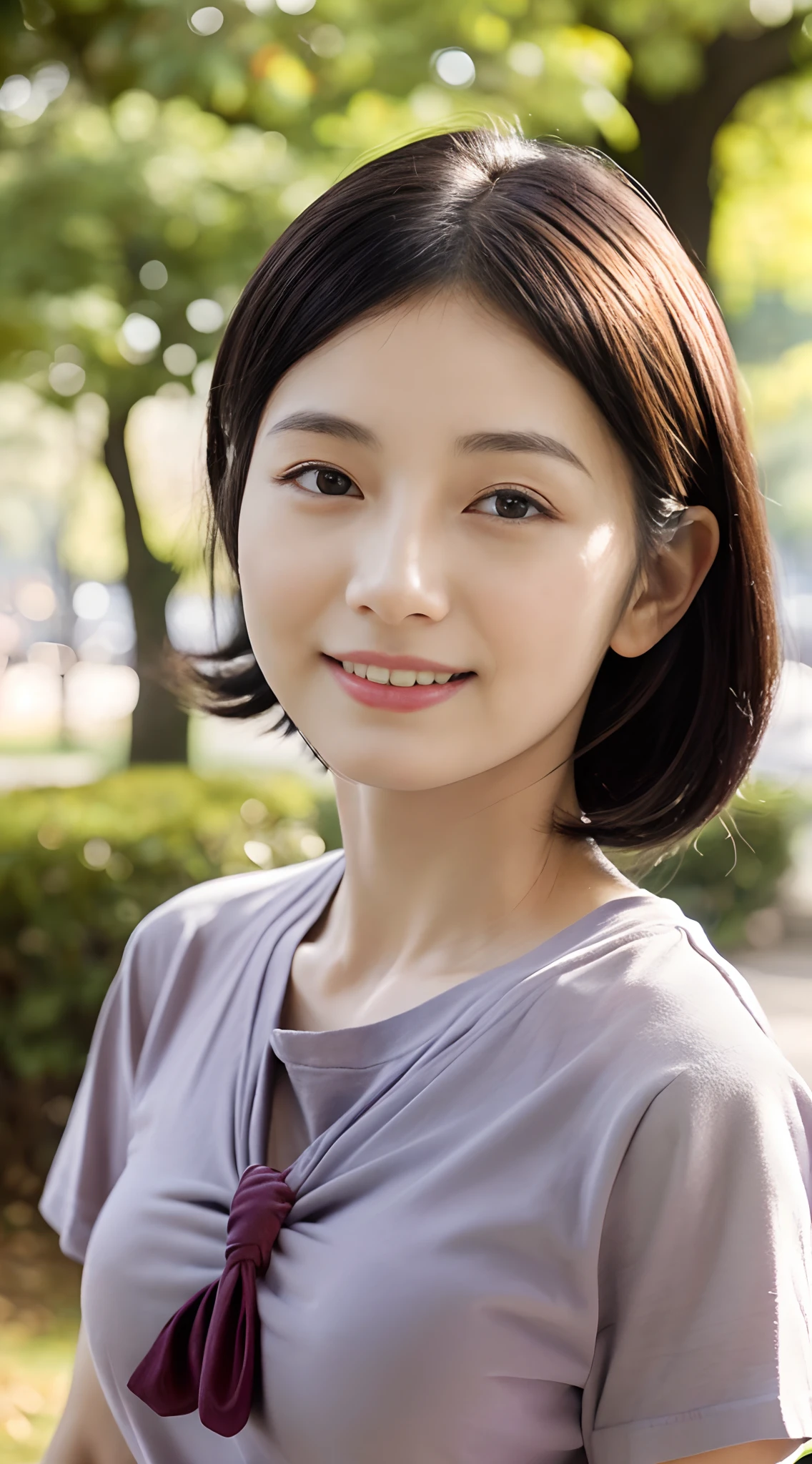 (japanes),(32years old), (Slender woman), (small tits),(Slender eyes),Narrow-eyed,Single eyelid,(nerdy),(Sober face),(She is short in stature),(She wears almost no makeup),Natural makeup,thin lipss,Smiling,The length of hair to the shoulders,Black hair,(She is in a well-lit park),(She has small breasts), (((She wears a big navy blue t-shirt))), ((She wears a long skirt in beige)), (Photorealistic), (Ray tracing), (Sharp Focus), 鎖骨, (Detailed face), natural and realistic skin textures, Soft face, (((Cameltoe))),((perfect anatomia:1.4))