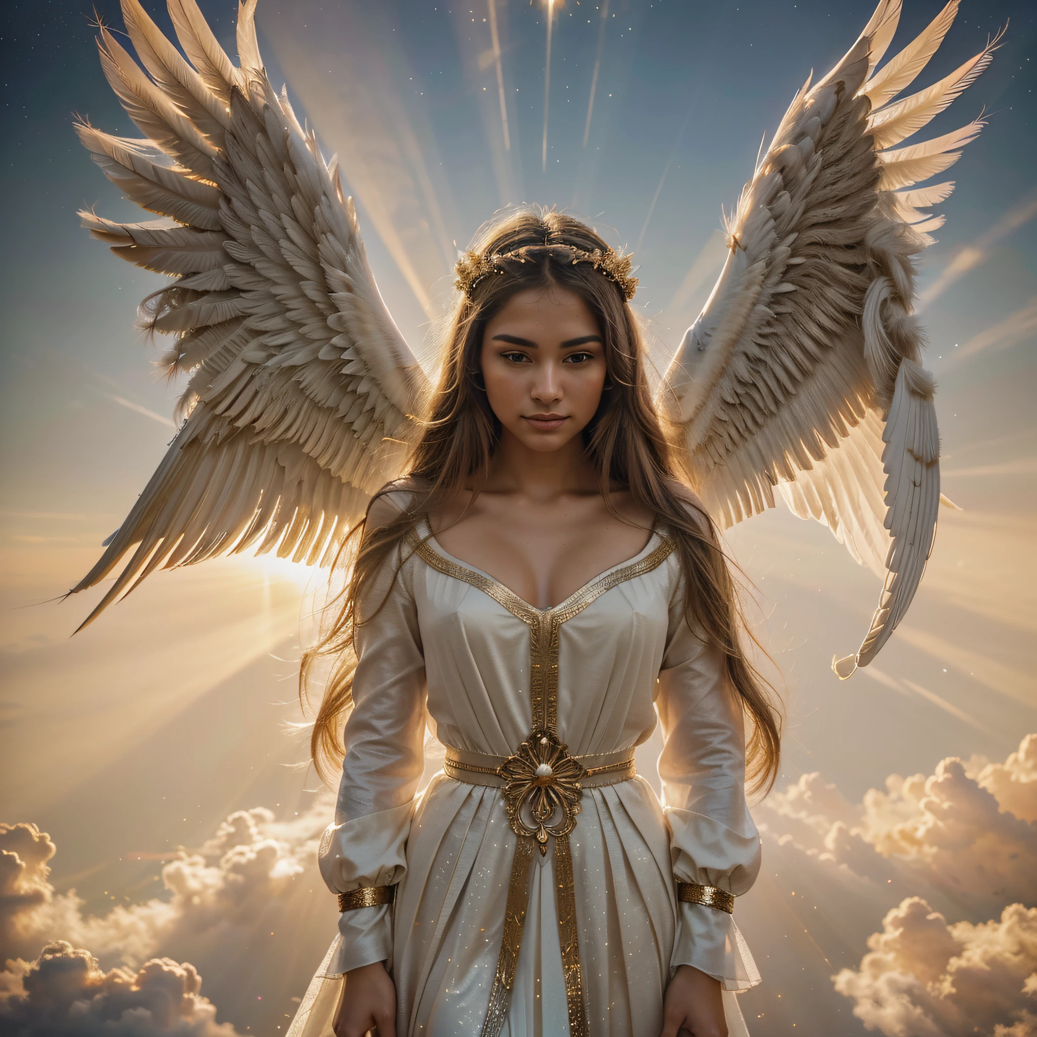 Generate a maximum-quality AI image representing a celestial scene of angels descending from the sky. This image should be exceptionally detailed, with a stunning diversity in the appearance of the angels. Some angels may be portrayed with majestic wings, while others may exhibit glistening feathers in various colors, such as gold, silver, and even exotic shades. Facial expressions can vary from serene to determined, each capturing a distinct emotion. The lighting should be celestial, with golden rays of light penetrating through soft, colorful clouds, creating a divine atmosphere. Meticulous details are essential, highlighting the textures of the wings, garments, and angelic faces, as well as the reflections of light on their angelic forms. This image should convey the sensation of a heavenly and majestic scene, with a breathtaking diversity among the angels