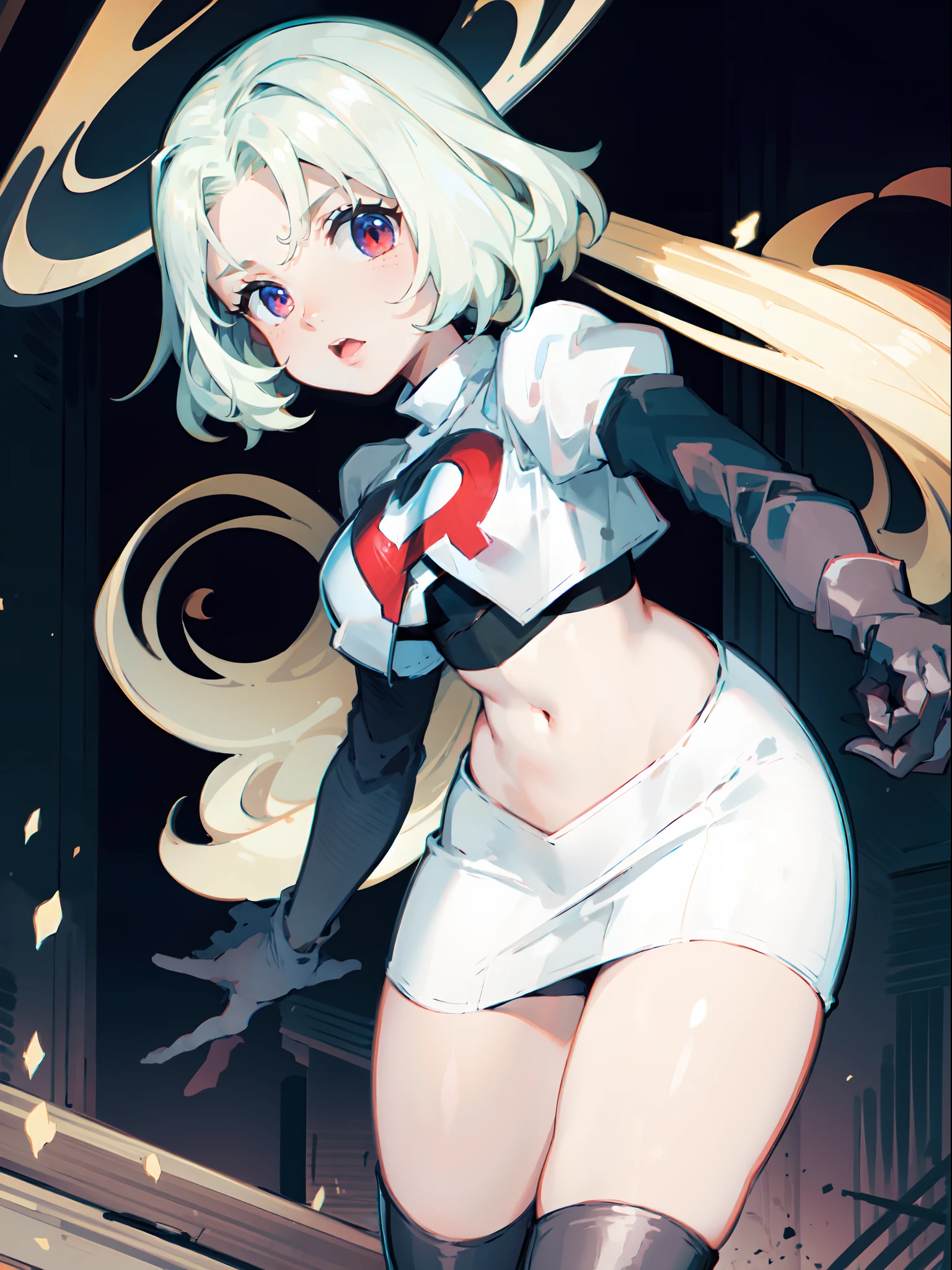 1girl,team rocket,team rocket uniform,white skirt,crop top,black thigh-highs,black elbow gloves,