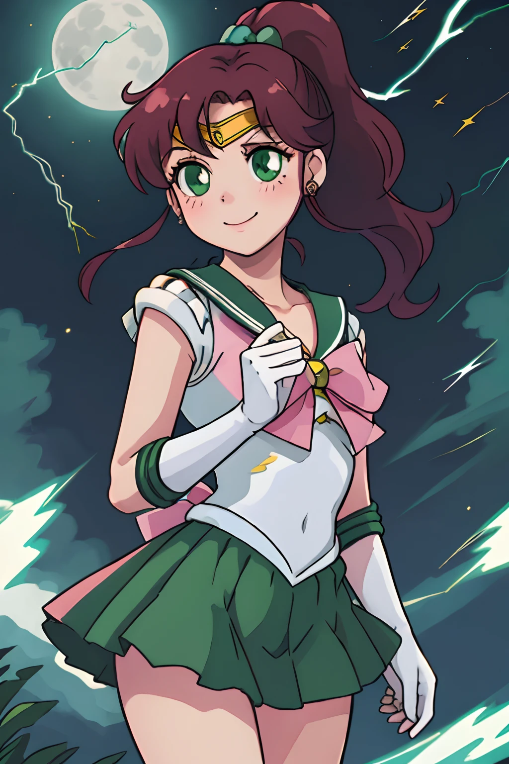 masterpiece, best quality, highres, hmjupiter, green eyes, ponytail, tiara, jewelry, sailor senshi uniform, green sailor collar, choker, elbow gloves, white gloves, pink bow, brooch, leotard, green skirt, cowboy shot, standing, night, moon, smile, lightning in the background