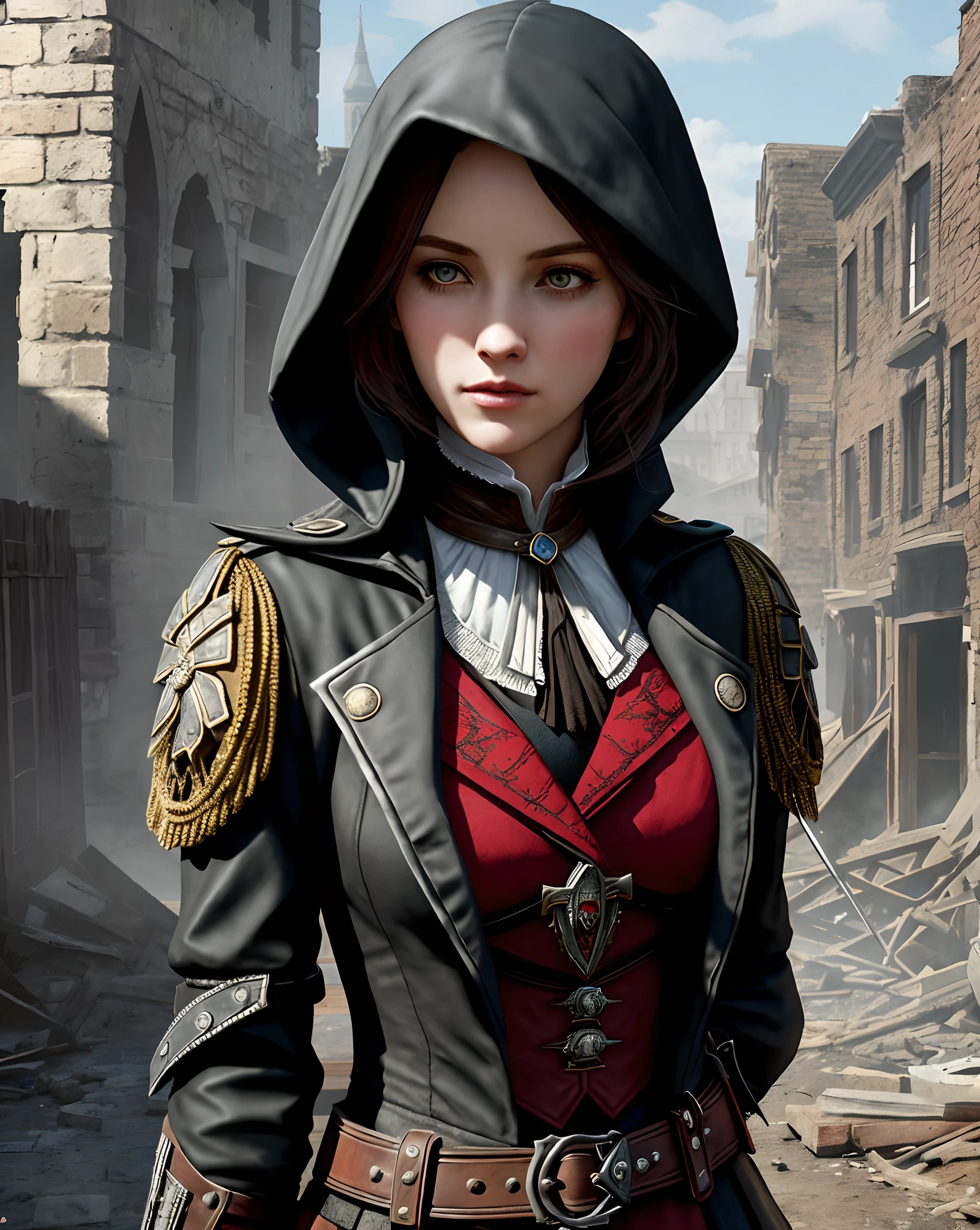 Create an Assassin’s Creed Concept Art piece inspired by the victorian london era and by assassin's creed syndiacte.Crafted in the style of ultra-realistic visuals with meticulous attention to detail. Portray Evie from assassin's creed syndicate from victorian london adorned in a worn Victorian steampunk uniform, her face obscured by a pointed hood. Set the scene amidst the haunting aftermath of a battlefield, showcasing the devastation and destruction left in the wake of war. Emphasize the realism and intricacy of the environment, capturing the gritty textures, shattered structures, and somber atmosphere in stunning 16K resolution. Close up photos,bust up photos