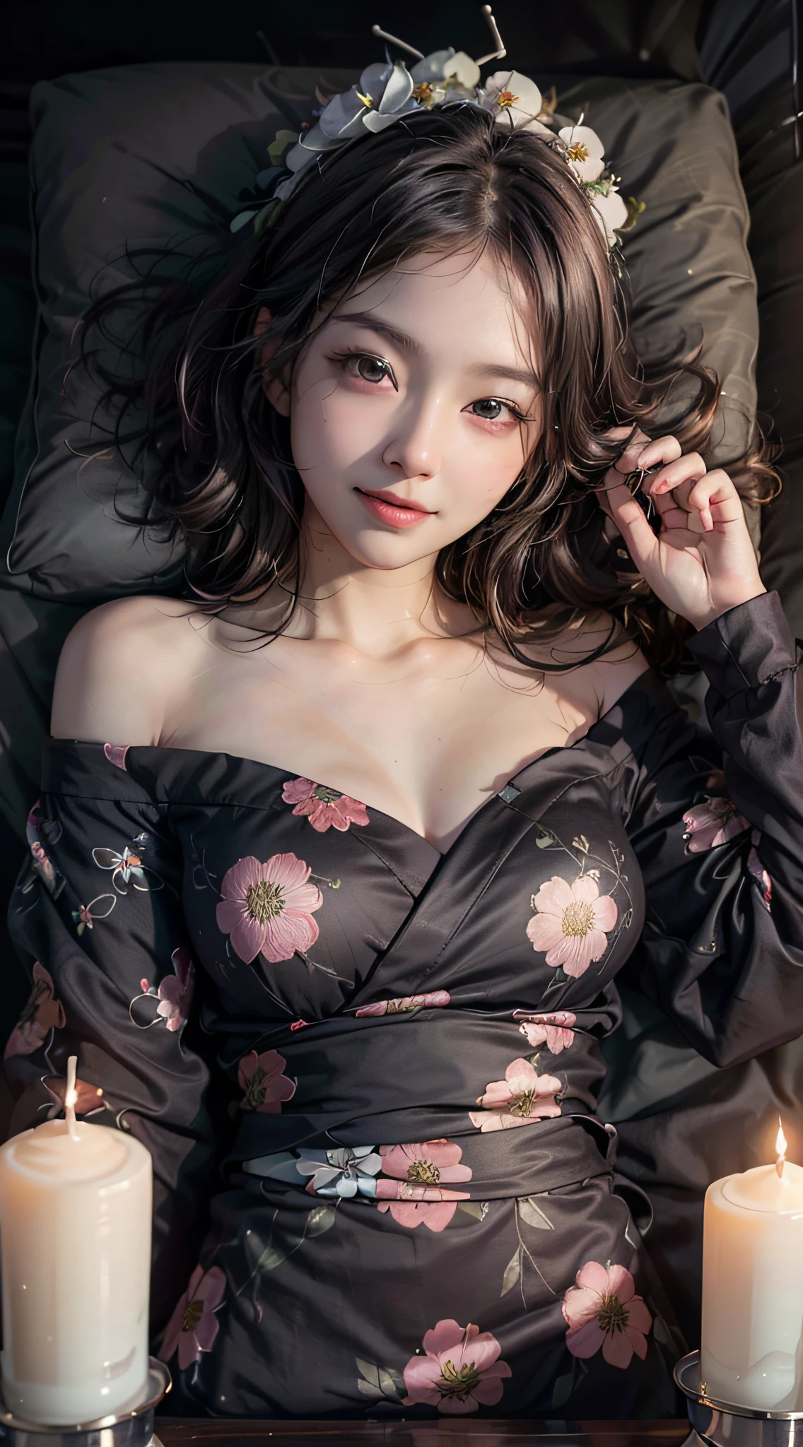 (1girl), Extremely cute face, Amazing face and eyes, (Highly detailed eyes, Highly detailed face), fresh, Very clean appearance, (Hyper-realistic, hight resolution), (Best Quality:1.4), Raw photo, (Realistic, Photorealsitic:1.37), Professional Photography, (floral pattern yukata:1.25), (Amazing big:1.1), (Open yukata), (Bare shoulders), Smile slightly, (Lying face down on a futon:1.5), (Staring at me), Bedroom, futon bedding, PILLOWS, Floral Screen, Relaxing, (It's pitch black in the bedroom:1.6), (Only the brightness of one candle:1.5),