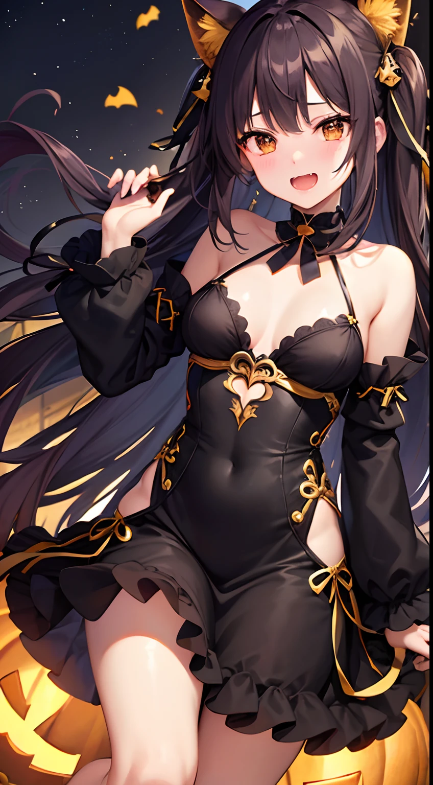 hight resolution、hightquality、ultra-detailliert、8k wallpaper、1人の女性、adult-like、Beautiful fece、Shark costume、Teeth are shark fangs、Kamimei、Melancholy is in the air、Lovers feeling、Be loved、Familiarity、Gold and black dress、Gold and black background、a blond、Sprinkled with Halloween pumpkins、opulent、Less exposure