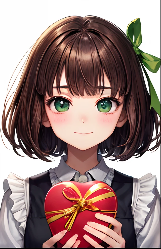 girl with、No background、without background、Background through、brown haired、Brown hair、short-cut、bob cuts、Subject bangs、Pattsun bangs、Aligned bangs、Sareme、drooping eyebrows、Takuambi、Marovi、Round eyebrows、Green eyes、green colored eyes、confession、Koi、embarrassed、Shy face、bow ribbon、chocolate、Gift of Hearts、Valentine、kawaii、Genius genius smile、No background