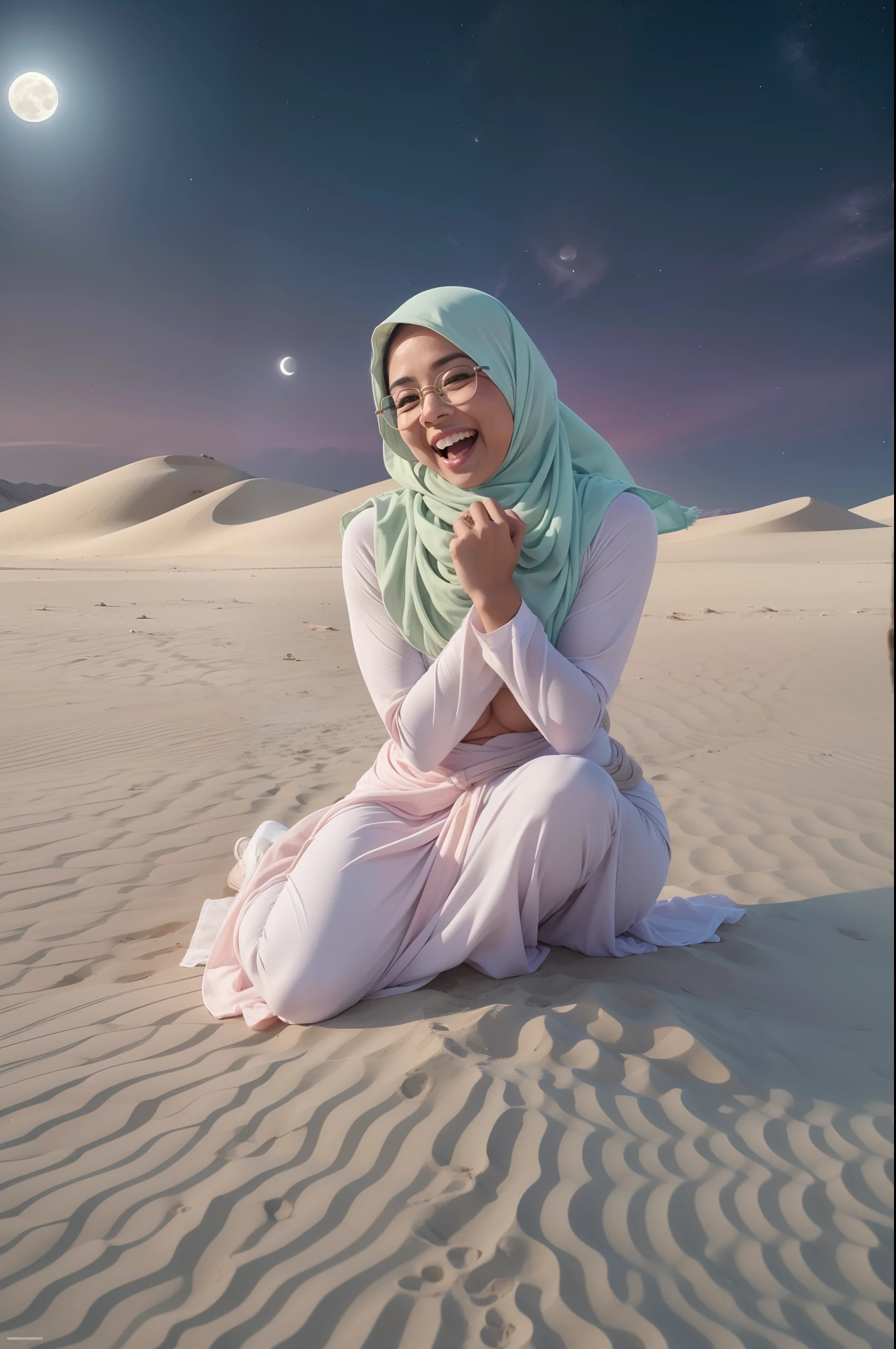 Sexy Malay woman naked kneeling in white desert , laughing, glasses, pastel color hijab, small breast, slim, no abs, wide waist, thick thighs, cute  , nighttime, big moon background,