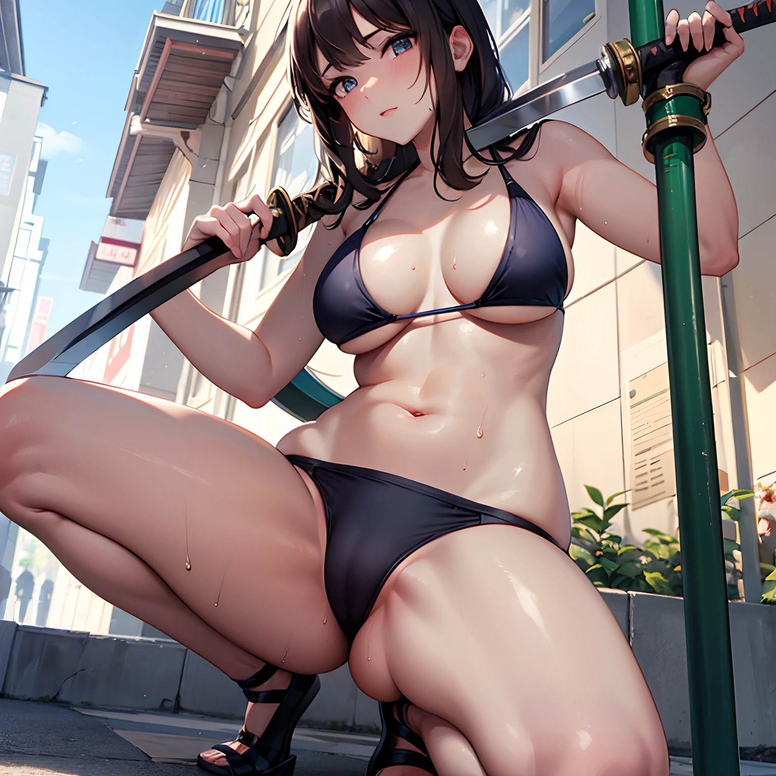 Hermosa mujer delgada y delgada, pecho plano, Sweat and very wet skin, Wear a tiny super micro nano slim bikini, patinaje en el paseo urbano, con una katana japonesa en mano, warm light, Trazado de rayos, Contre-Jour, UHD, Anatomically correct, piel texturizada, Super detail, galardonado, obra maestra, 8k, La mejor calidad, espada samurai