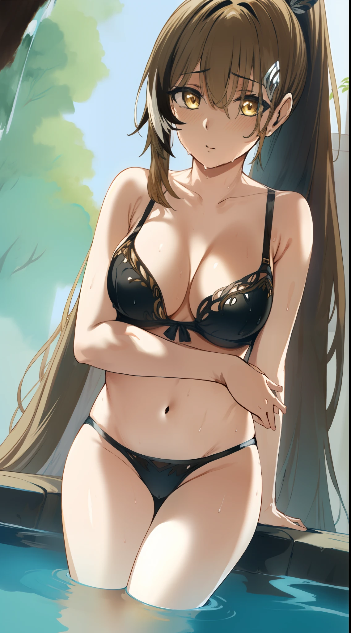2D, HD, Detailed details, Detailed landscapes, beautiful lights, Beautiful Shadows, top-quality, Highly detailed, masterpiece, best quality, solo, 1girl, aamumei, very long hair, ponytail, ahoge, multicolored hair, feather hair ornament, hairclip, hews, hews styled, brown hair, looking at the viewer, anime-styled, (mini breasts), blush, navel, armpit, arms behind head, shiny skin, ((wet)), water, depth of field, black bra, black panty, full body,