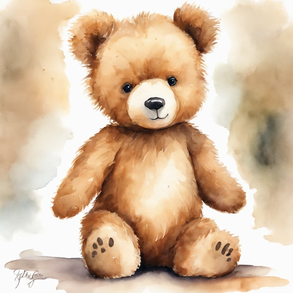 Desenho em aquarela de um teddy bear fofo sem roupas, de frente, standing on her feet, white solid background, infantil, sorrindo, , majo, curioso.