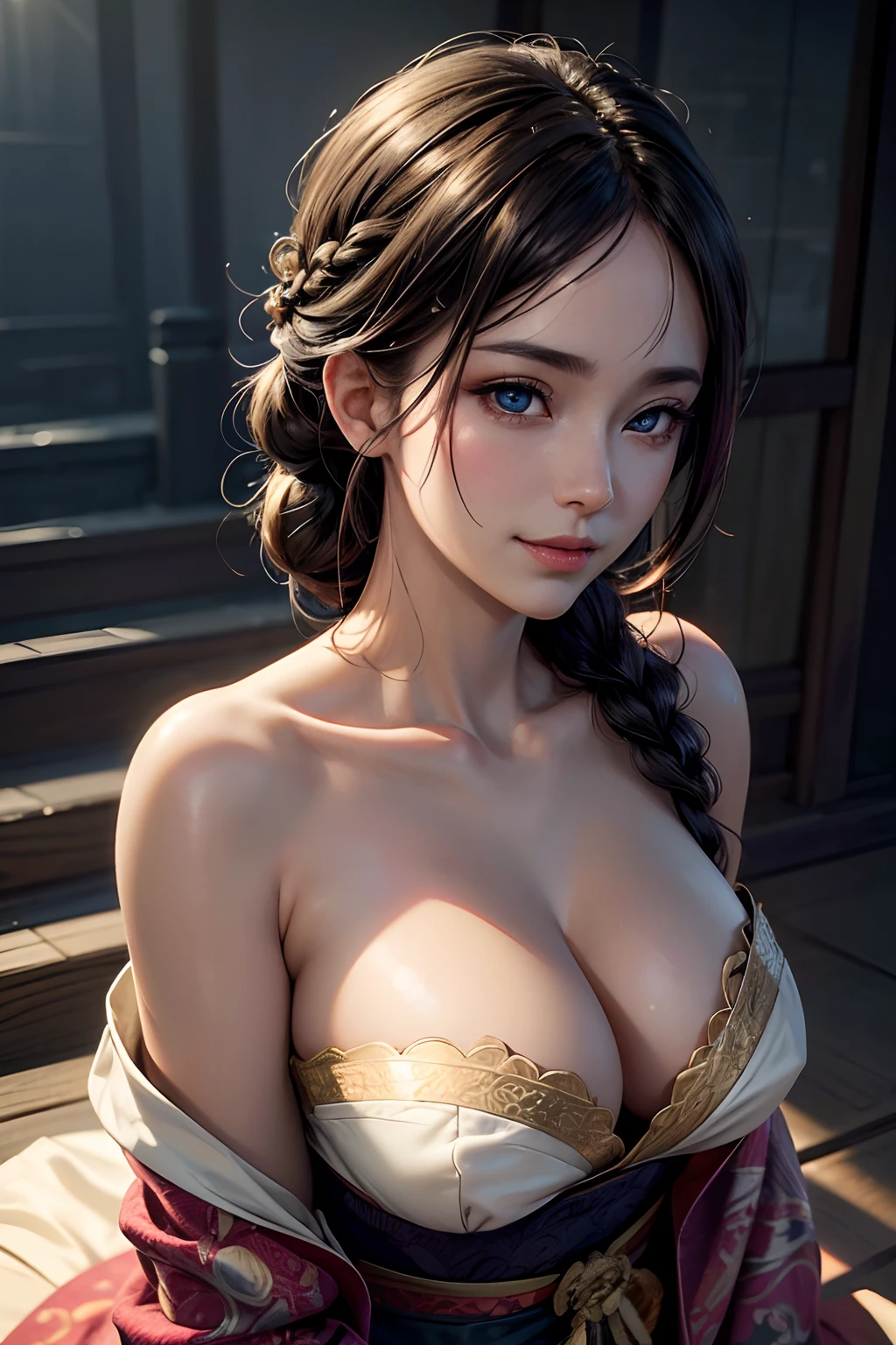 A beautiful flirtatiously smiling woman, a very busty ronin wearing gold lace kimono, Meiji restoration, blue eyes, yojimbo, cleavage, bare shoulders, HD, UHD, WLOP, Artgerm, French braid hairstyle, a view from the side and above, large anime eyes, realistic eyes, highly detailed eyes, natural skin, natural skin texture, subsurface scattering, muted colors, skin pores, perfect face, perfect eyes, perfect full lips, supple female form, vivid, cinematic, Film light, Hyper detailed, Hyper-realistic, masterpiece, atmospheric, High resolution, Vibrant, High contrast, dark angle, 8k, HDR, 500px, Art by Redjuice