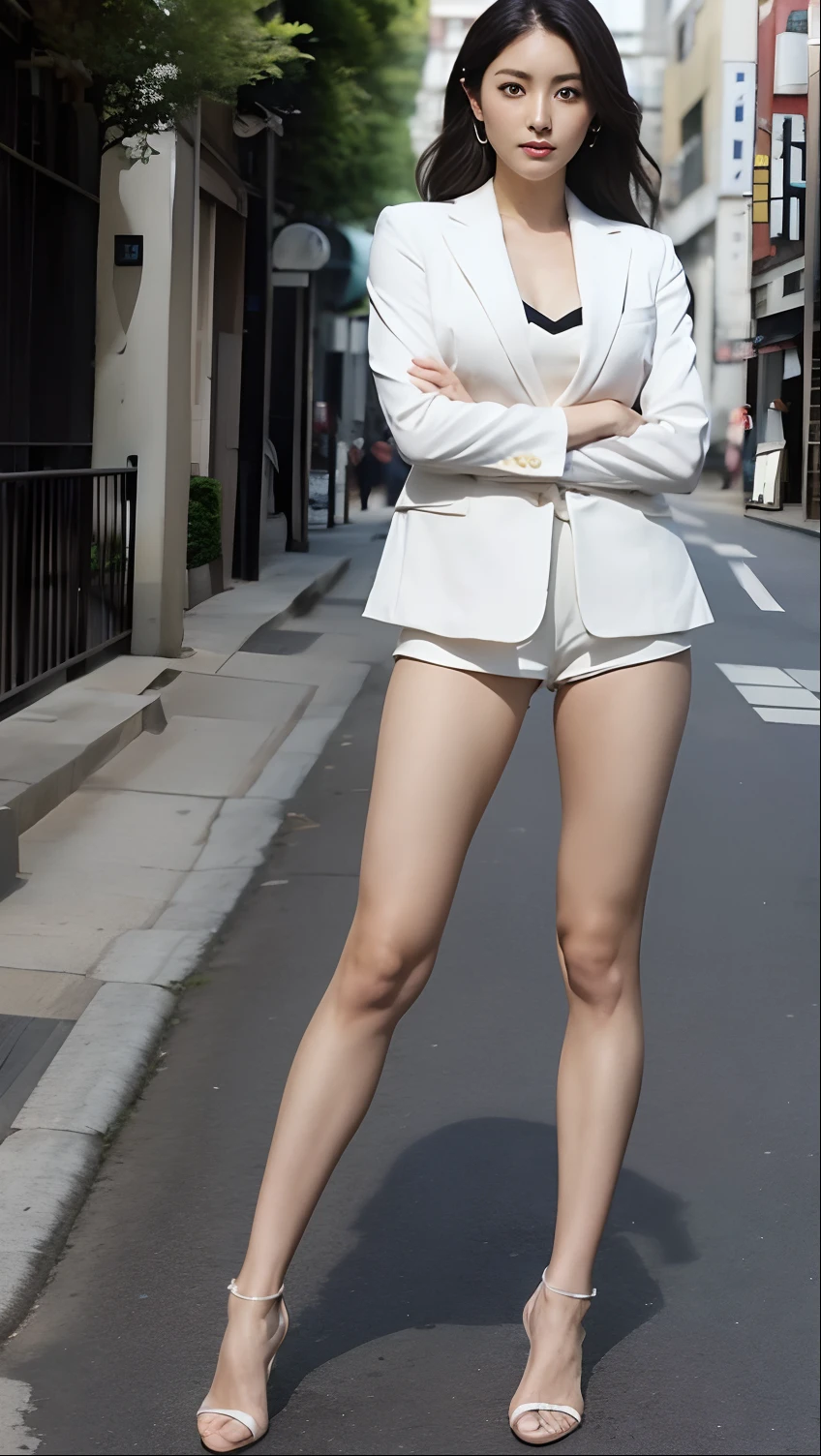 A Japanese Lady、beauitful face、二重まぶた、Big eyes、cabelos preto e longos、suits、Micro Shorts Beautiful Legs、Raw feet、Clean bare feet、pin heels、tall、super long legs、model poses、Sexy legs、arms in arms