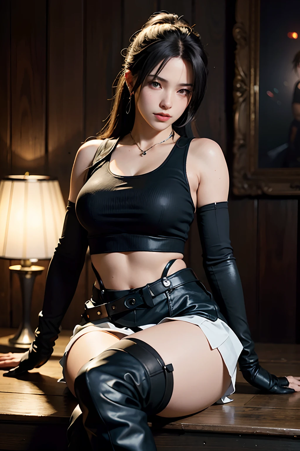 (8K, Top Quality, Masterpiece: 1.2), (Realistic, Photorealistic: 1.37), Ultra HD, Final Fantasy VII Remake&#39;s Tifa Lockhart sitting on a date in a highly detailed café in a cityscape A detailed portrait with beautiful detailed eyes and a blushing nose that makes you look cute and solo. She wears single elbow pads, ankle boots, a black skirt, black thigh-highs, red boots, and elbow gloves, elbow pads, and fingerless gloves. Her outfit includes a sports bra, suspender skirt, thigh highs, and a white tank top. The full body is visible with the head resting on the hand, revealing a pretty face, long hair tied low, and lips. The scene is lit with professional lighting, photon mapping and radiosity, creating a cyberfuturistic atmosphere in the style of Tetsuya Nomura. The background features yellow flowers and a bokeh effect. Tifa smiled a little and closed her mouth.