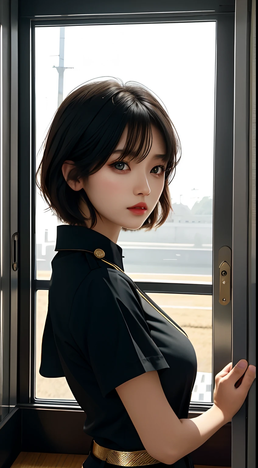 Girl, One, Top Quality, Upper Body, Beautiful, Pretty, Shine, Large Breasts, Short Hair, Masterpiece, Cat Eyes, Uniform, Black Hair, Big Ass