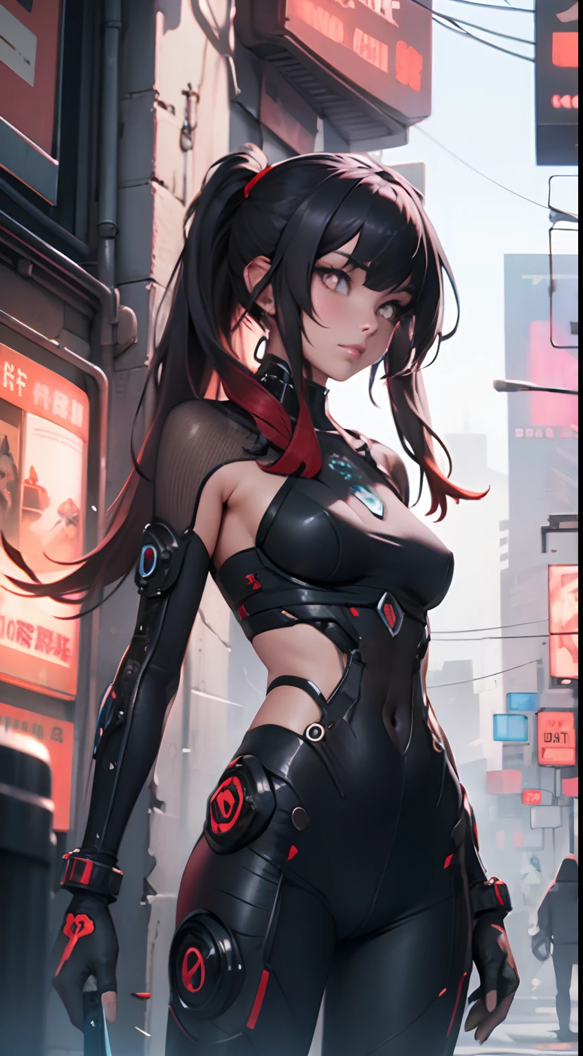 ((Best quality)), ((masterpiece)), (highly detailed:1.3), 3D, black woman goddess (cyberpunk:1.3), woman dressed as sexy one-piece maid, long black hair looking at camera, nsfw