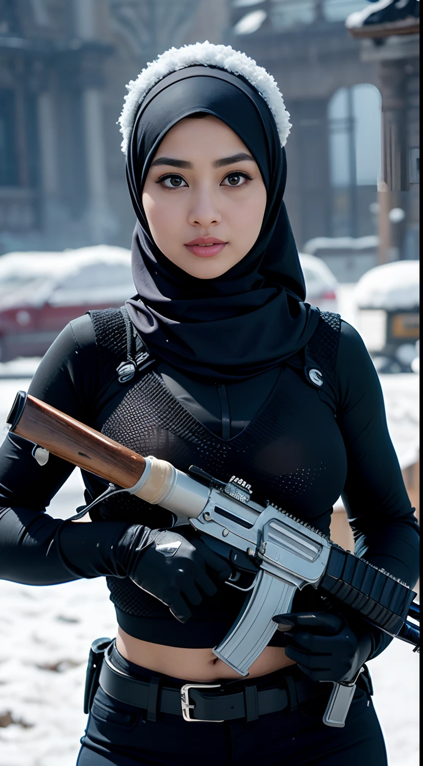 RAW, Best quality, high resolution, Masterpiece: 1.3), Beautiful Malay woman in hijab, Masterpiece, Perfect slim body, ((Big breasts)), Beautiful big eyes, watery eyes, Soft smile, ((best quality)), ( masterpiece), photorealistic, photorealism, 1 malay girl, hijap and aiming with big an ak-47 assault rifle, Photorealistic, high resolution, Snow background, looking at the camera, (Detailed face), SWAT vest, Weapons, jewelry, black gloves , sunglasses on Head, Fingers clogged