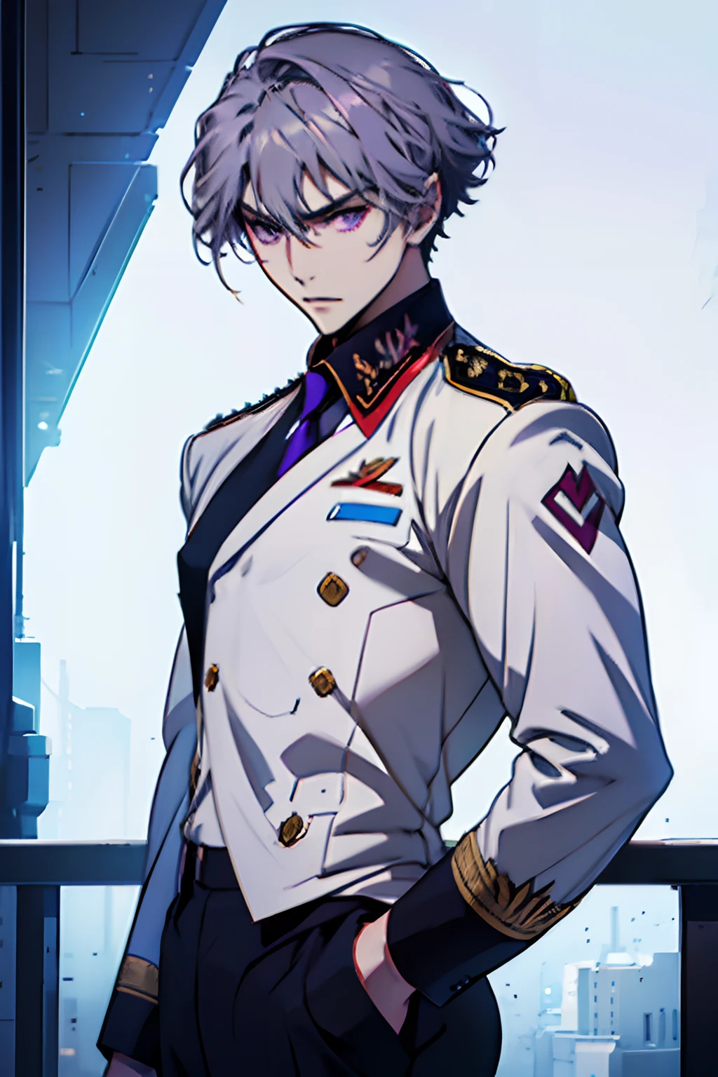 a-drei, valvrave, suit, Uniform, tie, blazer, shirt, school, purple eyes, short hair, gray hair