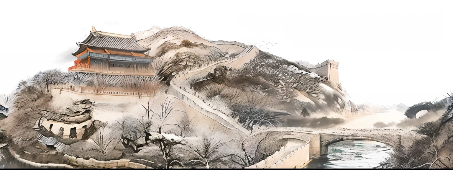 Chinese architecture,There is a bridge and river on the side,the great wall