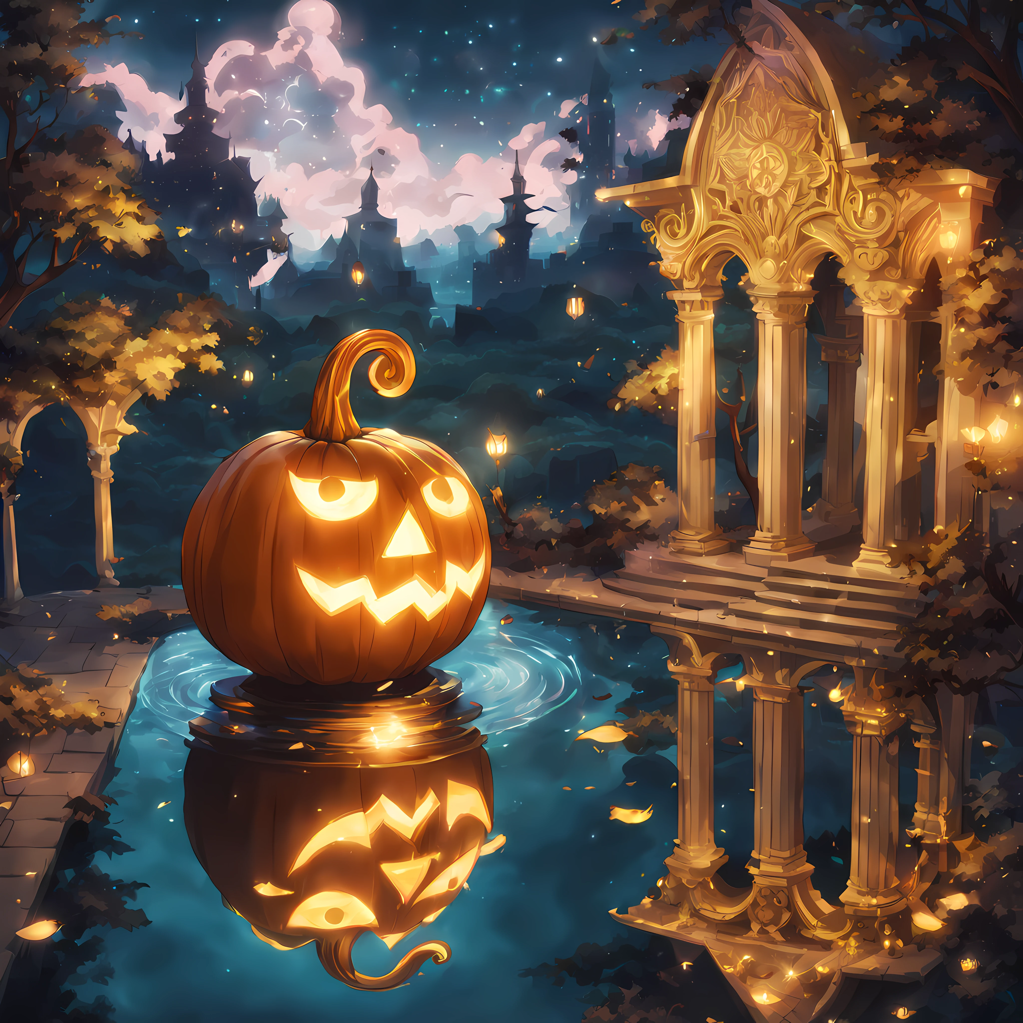 full shot from above, (2D anime magical water reflection of a big shiny golden [coin: cute pumpkin: 0.7), gothic ornate, (ethereal:1.3)