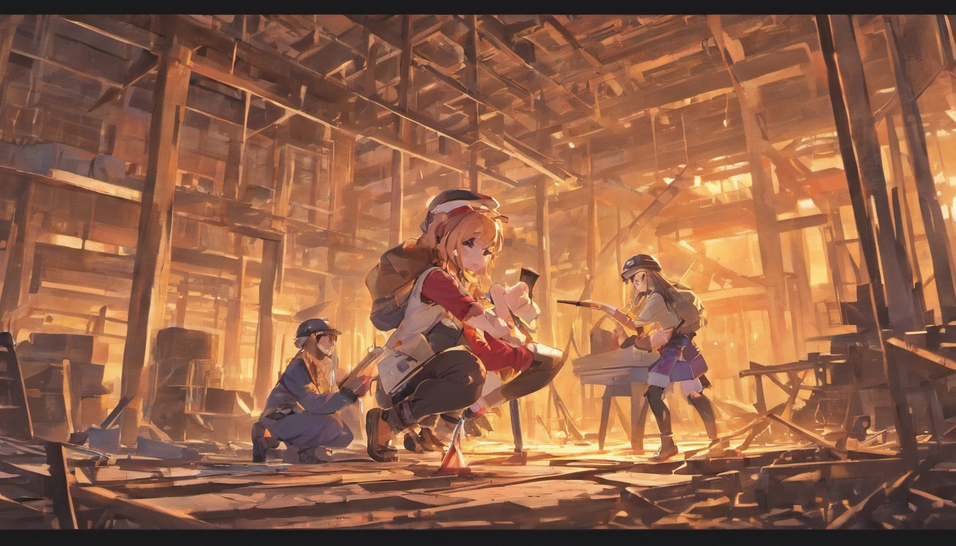 3 Loli in a hard hat, 1 Girl hammers nails, 1 girl with a plank, 1 girl reading blueprints, building material, Construction site background, Shinzoruo Genshin Billy