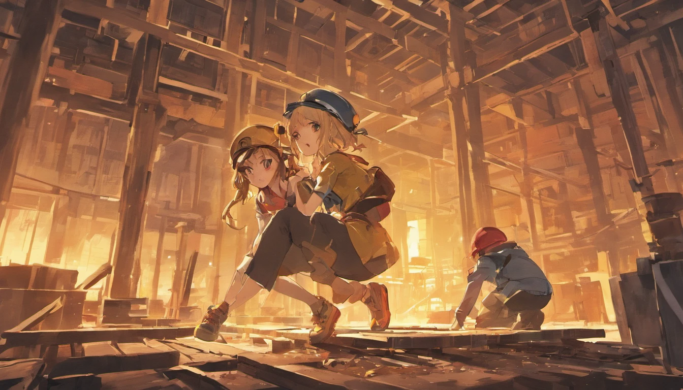 3  in a hard hat, 1 Girl hammers nails, 1 girl with a plank, 1 girl reading blueprints, building material, Construction site background, Shinzoruo Genshin Billy