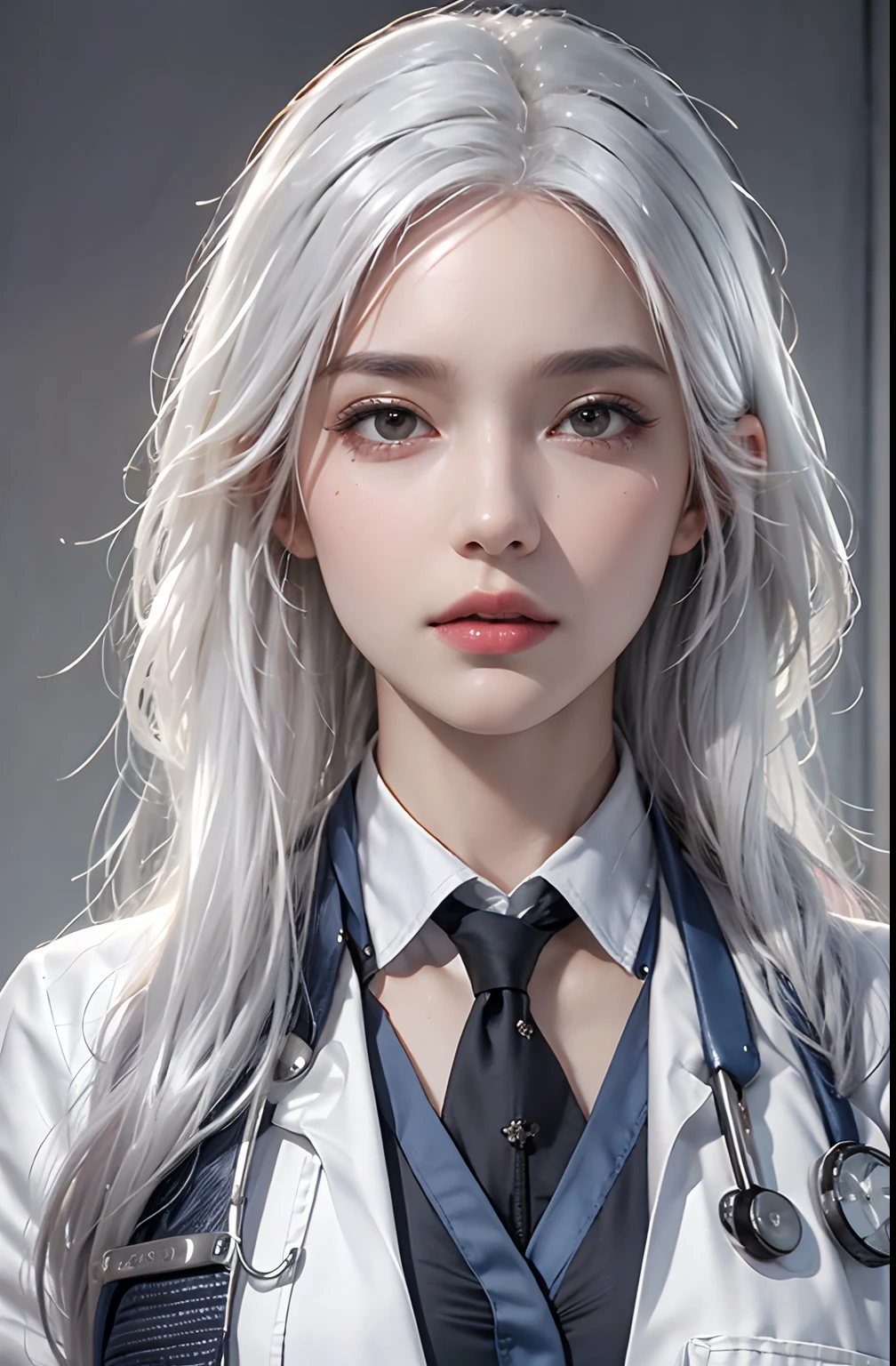 Photorealistic, high resolution, 1 Women, Solo, Hips up, view the viewer, (Detailed face), White hair, Long hair, doctor outfit, name tag