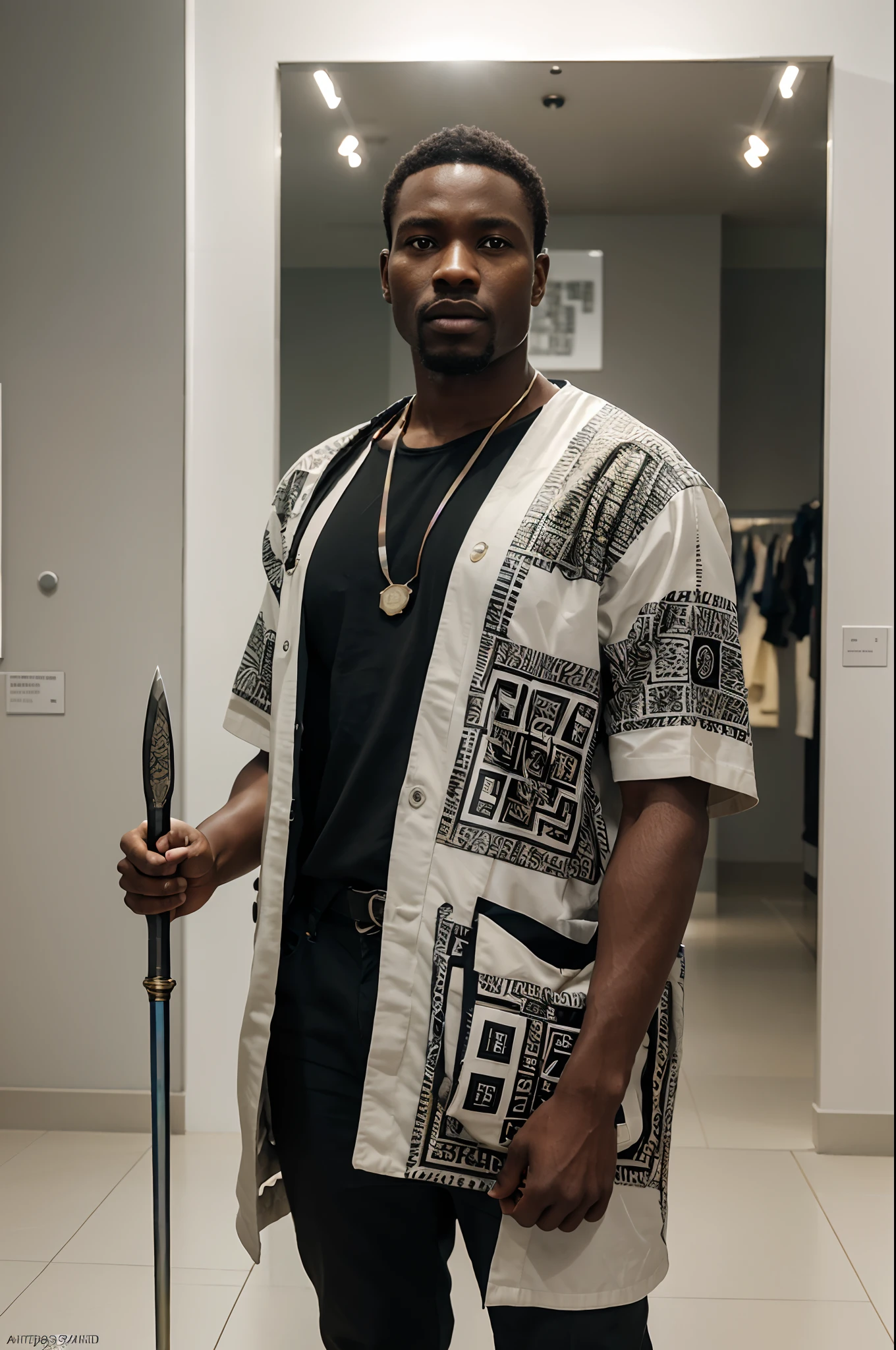 African man holding a shield and spear, dressed in African designed clothes, standing in museum full of QR code sculptures, white scene and white background with a mix of different colours, QR code wallpapers and tiles and art work all over the room, light shining with iridescent light, 32k, ultra HD, unreal engine rendered, cinematic lighting, artgerm style,