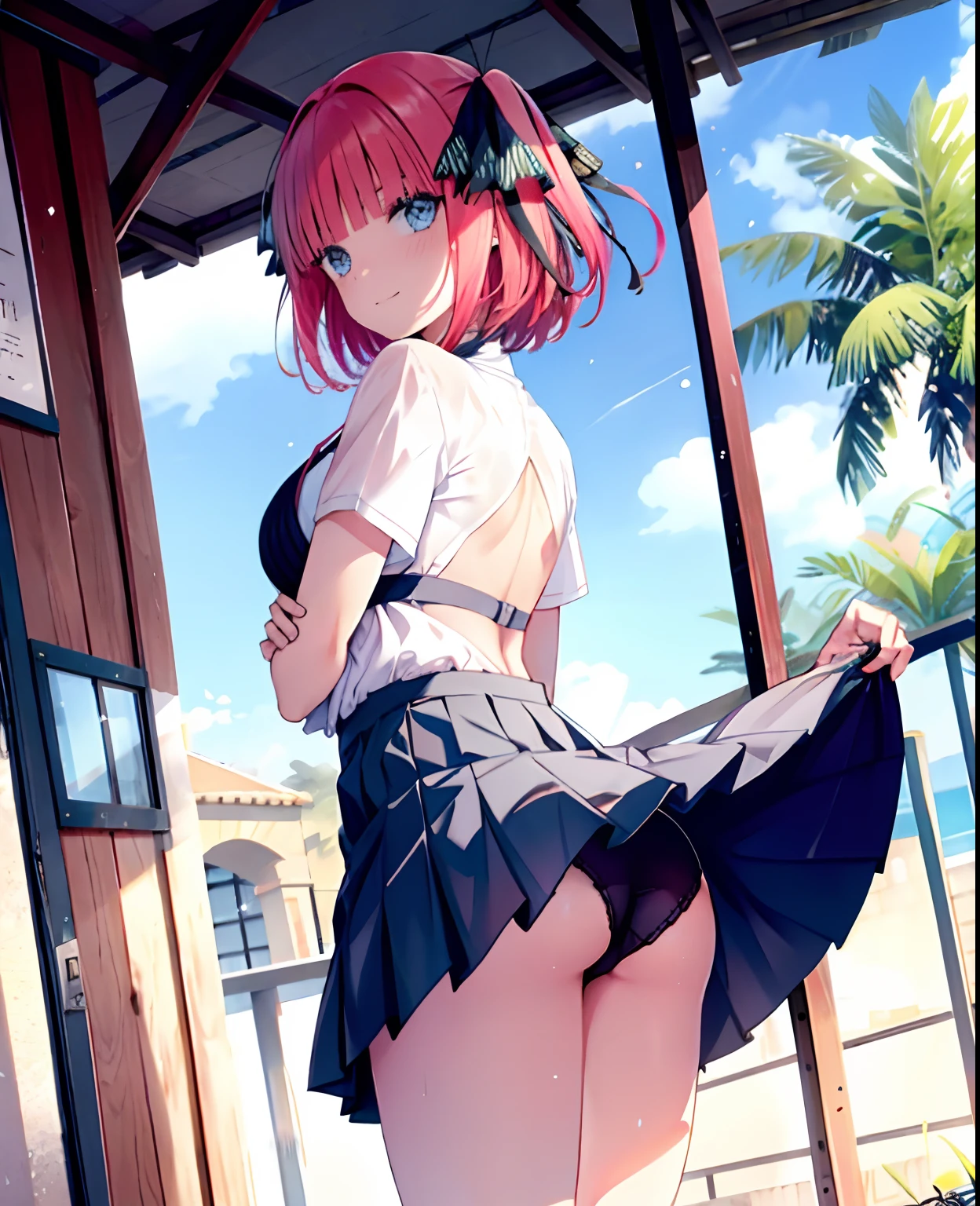 absurderes, hight resolution,
BREAK
looking at viewer, Cowboy Shot, (from middle:1.5)
BREAK
(vivd colour:1.3)
BREAK
(One girl :1.3), (Lori:1.2),Red hair, Blue eyes, , Short hair, Maid Cosplay, (pleated super short skirt:1.4), (thighs thighs thighs thighs:1.3), (Very pretty thong:1.2), (bitten thong:1.3), facing back, Skirt lift, show off thong, lifted by self,(big butts:1.3), (ass view:1.6),Large breasts, (Smile Face:1.3), Open mouth, ( medium Breast:1.3), Ass, Round eyes, (Blowing in the wind:0.5), sweat around girl, Dripping sweat, gust of wind (Wind:1.2), Sense of speed, Refreshing breeze, Motion blur effect, Wind, ( Visible:1.4)
BREAK
background is ( court:1.3), (, Dynamic Angle, above angle, perspective
break
(Daytime, sun beam:1.2), depth of fields, Bokeh, light leaks, (chromatic abberation:1.2), noon
BREAK