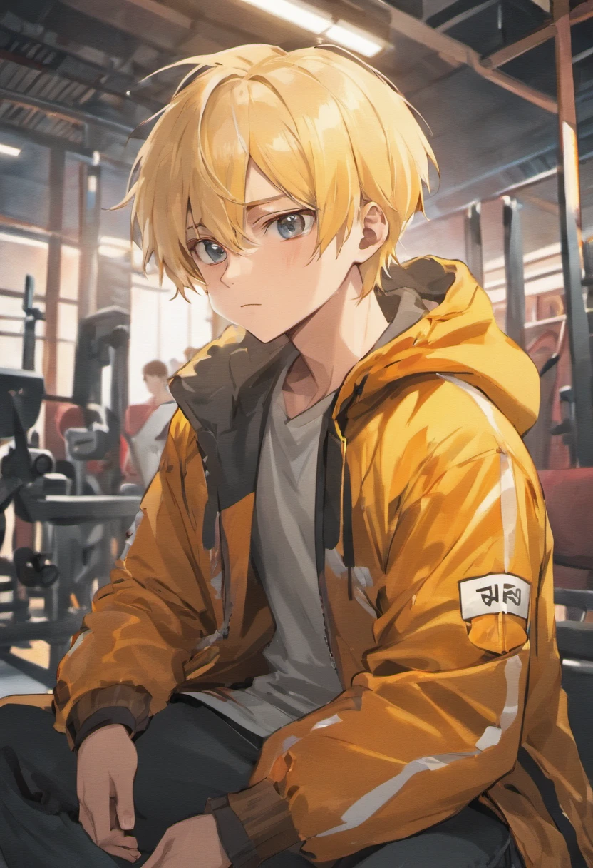 Beautiful blonde man short hair gym sitting(parka)