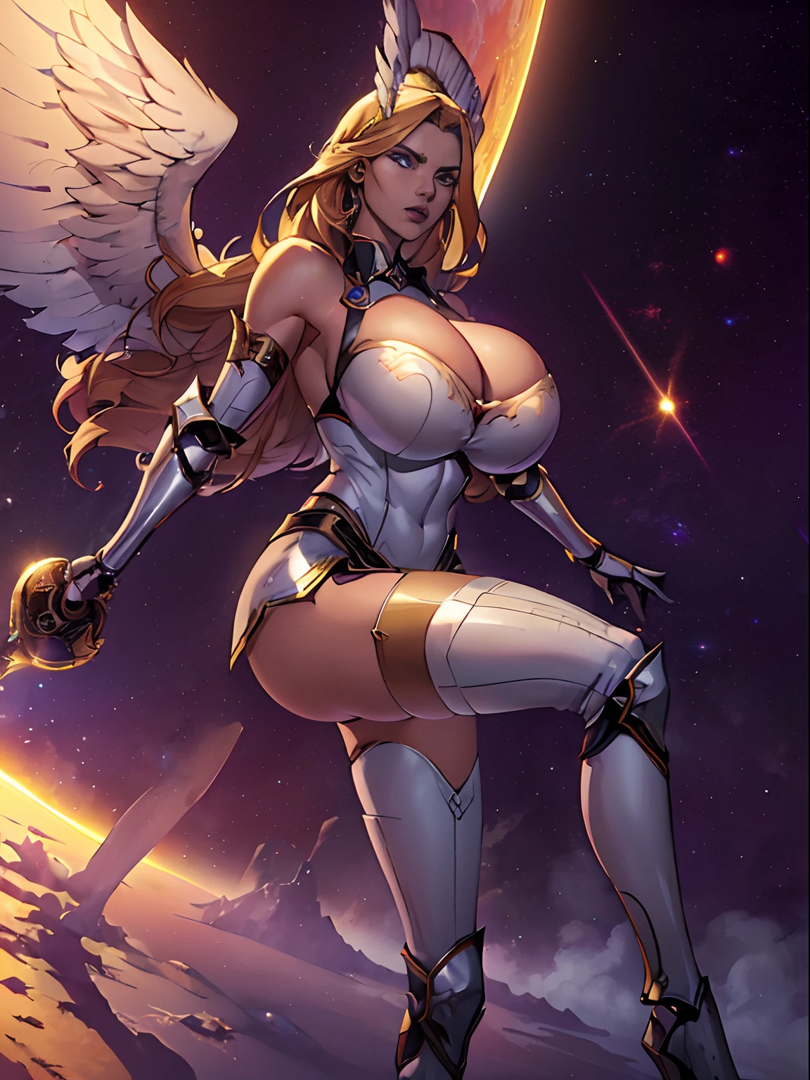 (masterpiece, top quality, best quality, official art, beautiful and aesthetic:1.2), (1girl:1.3), extremely long curly golden hair, extremely detailed, portrait, looking at viewer, solo, (full body:0.6), detailed background, close up, (cool science fiction space theme:1.1), extremely busty valkyrie, charlatan, mysterious, shooting lasers in space, cybernetic angel, huge feathered wings, chrome boob armor, dark purple streamers and skirts and sleeves and knee wrappings, cybernetic implants, mechanical hand, laser cannon, arm cannon, revealing chrome armor, bare midriff, glowing laser energy, halo, intricate armor, ornate chrome armor, sheer white fabric, elegant purple fabric, skirts, streamers, cowl, boots, bracers, ((((gigantic breasts))), slim waist, slim hips, long legs, athletic, SPACE, futuristic moon, (space exterior:1.1) background, dark mysterious lighting, shadows, magical atmosphere, dutch angle