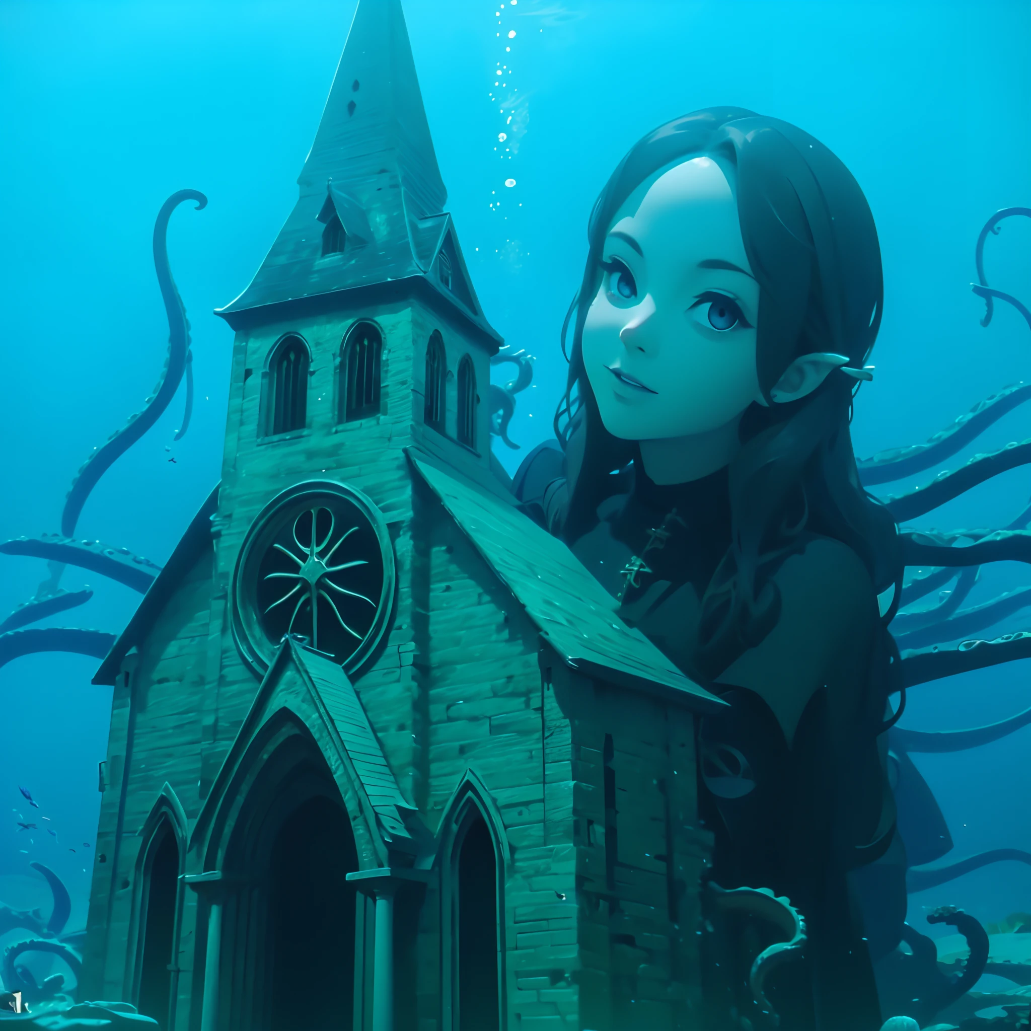 Undersea Church. She is a girl leaning out from behind the church. She's a huge girl. She wears a gothic dress. Tentacles enveloping the church.