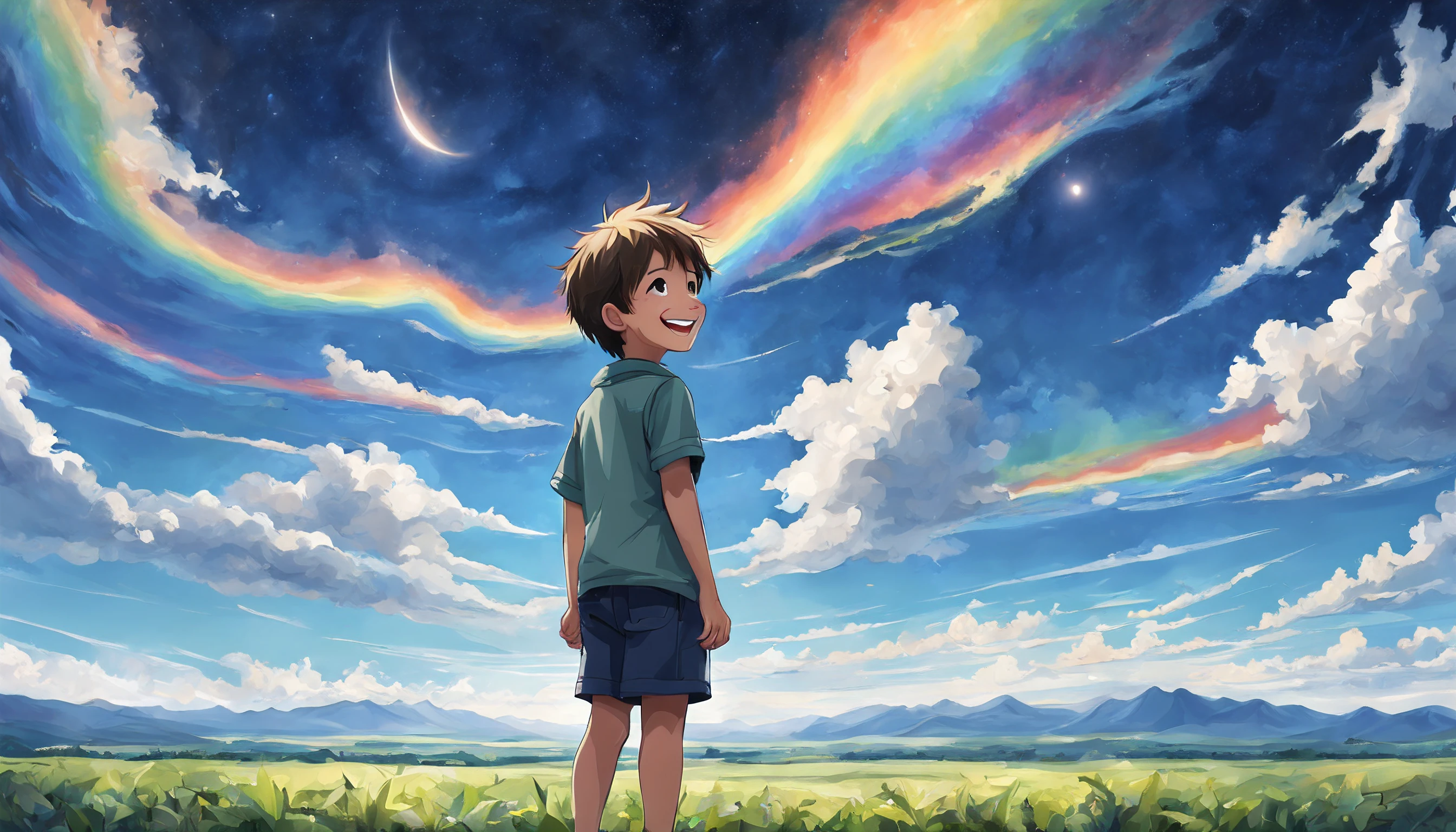 a boy, best quality,smile, vast sky