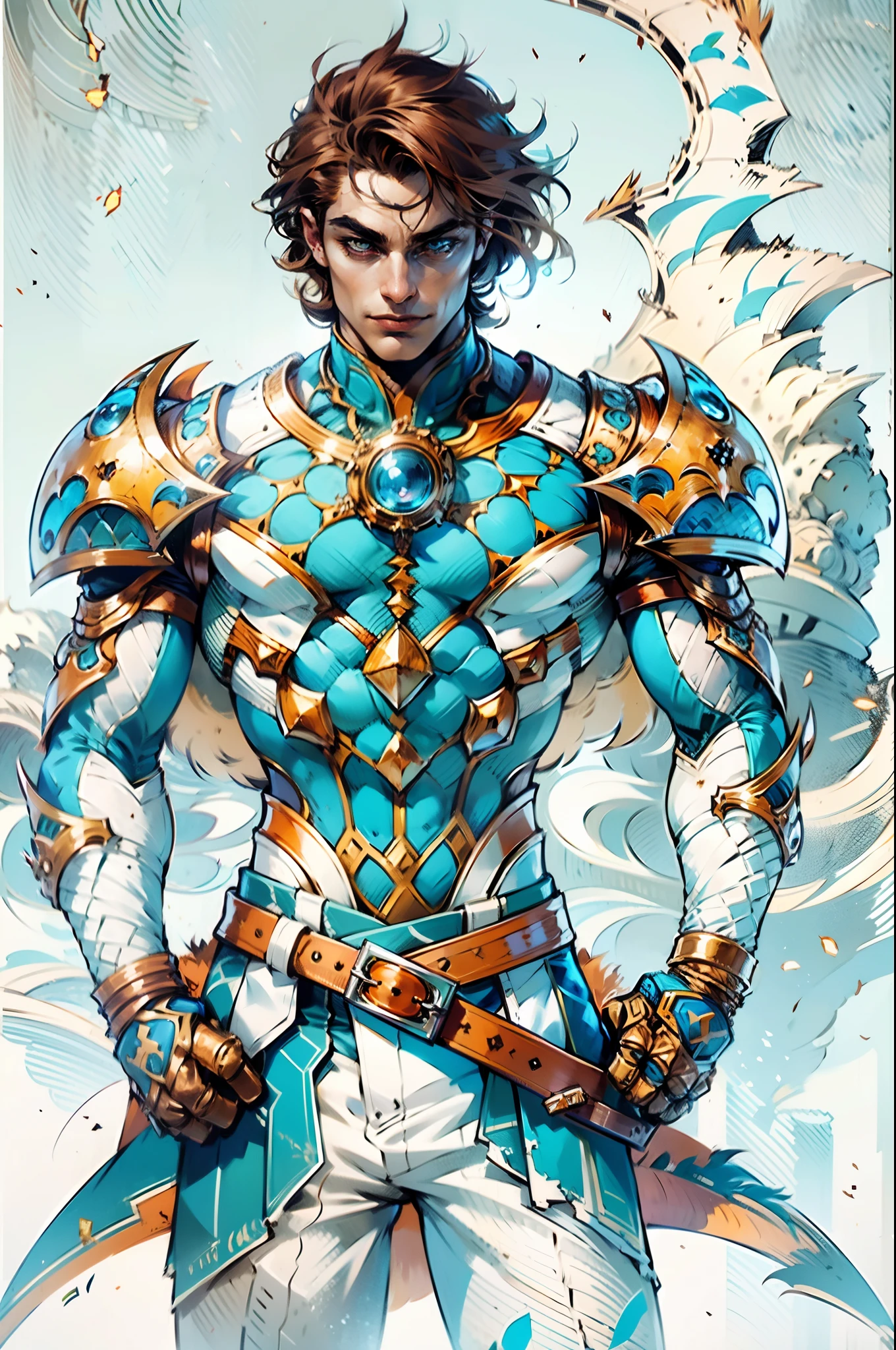 A young man with short orange-brown hair, a wild hairstyle, knife-like thick eyebrows, bright and spirited big eyes, a fearless expression, a smile at the corner of his mouth, he wears a bizarre fantasy surreal-style chest armor with scales textures, wearing a dark bodysuit underneath, fingerless gloves, a beautifully crafted fur belt around his waist, matching coarse cloth trousers, undaunted and wild posture, the background depicts a torn sky and earth, this character embodies a finely crafted fantasy surreal-style in anime style, characterized by an exquisite and mature manga illustration art style, high definition, best quality, highres, ultra-detailed, ultra-fine painting, extremely delicate, professional, anatomically correct, symmetrical face, extremely detailed eyes and face, high quality eyes, creativity, RAW photo, UHD, 8k, Natural light, cinematic lighting, masterpiece-anatomy-perfect, masterpiece:1.5