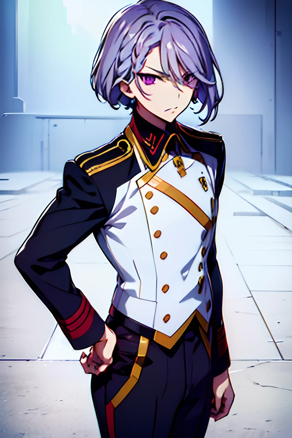 a-drei, valvrave, suit, Uniform, tie, blazer, shirt, school, purple eyes, short hair, gray hair