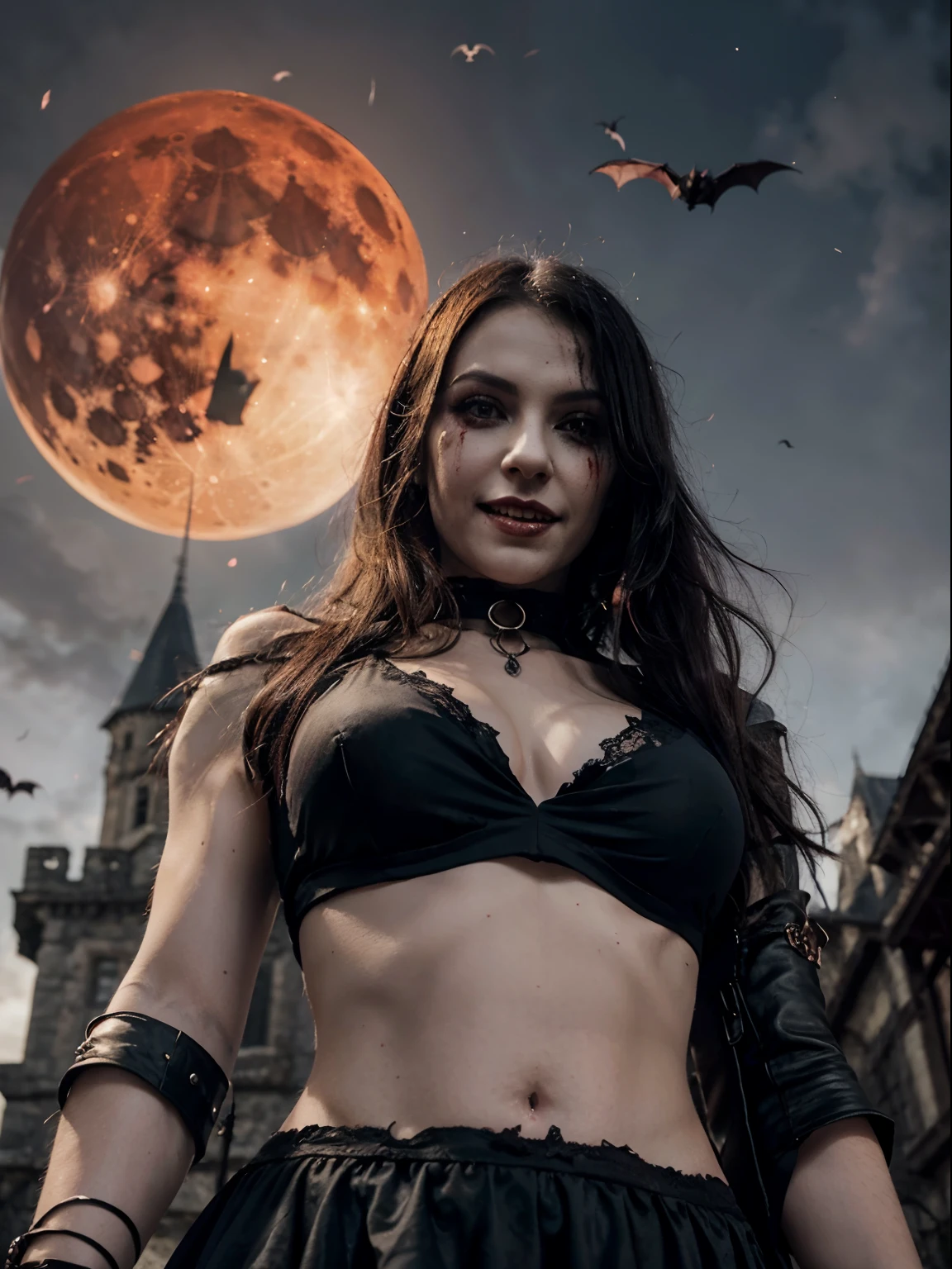 (close up potrait), Dark fantasy, gothic style, vampire queen, wearing a gothic-style dress, with a bloodthirsty smile and blood on the face, body, blood moon in the background, ((midriff exposed)), navel, stomach, scene is set in a gothic castle with lots of bats, emphasizing the pale skin and glowing eyes, (((from below)))