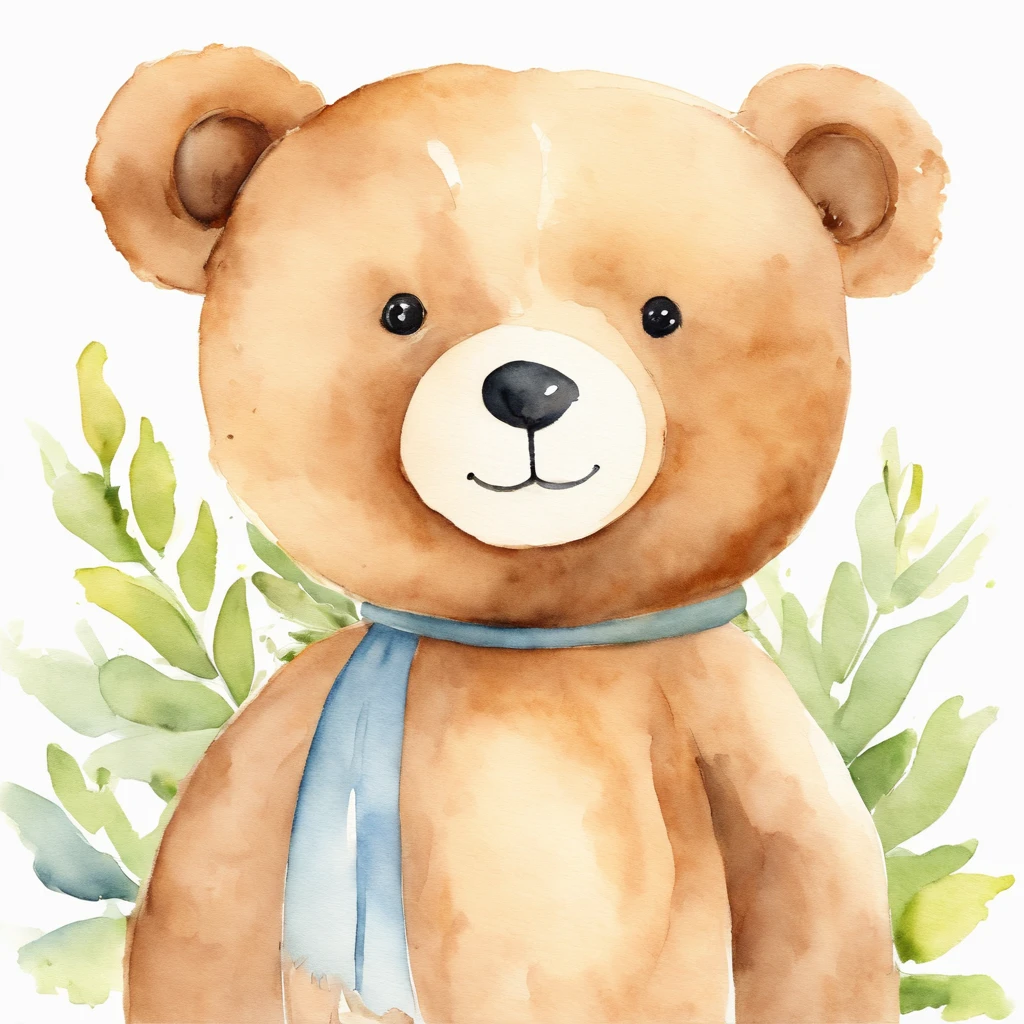 Watercolor drawing of a teddy bear for a children's party, cute, smiling, looking like a baby, friendly, curious. It must not come with clothes. It must be facing forward, standing up. The background should be solid white, without any other details.