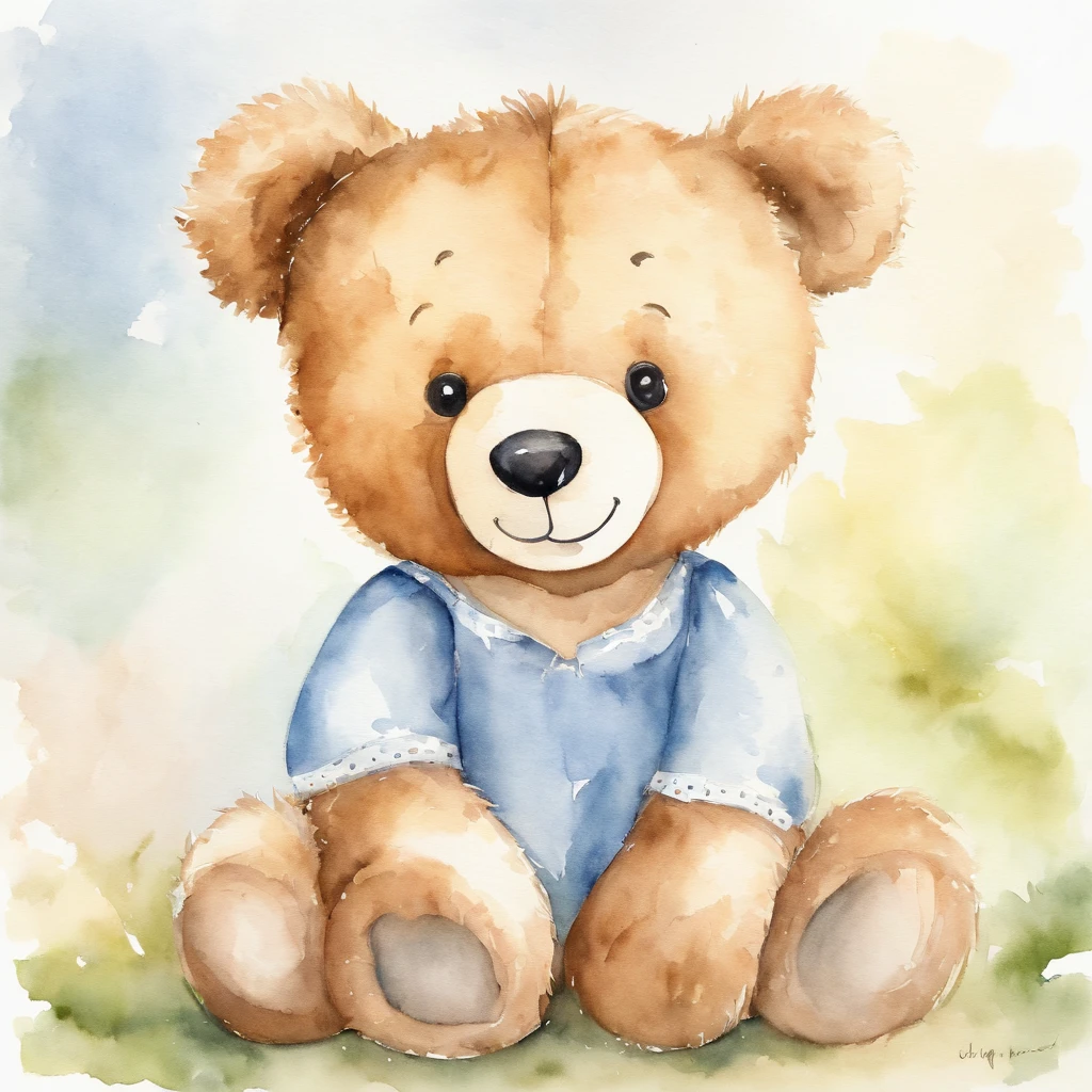 Watercolor drawing of a teddy bear for a children's party, cute, smiling, looking like a baby, friendly, curious. It must not come with clothes. It must be facing forward, standing up. The background should be solid white, without any other details.