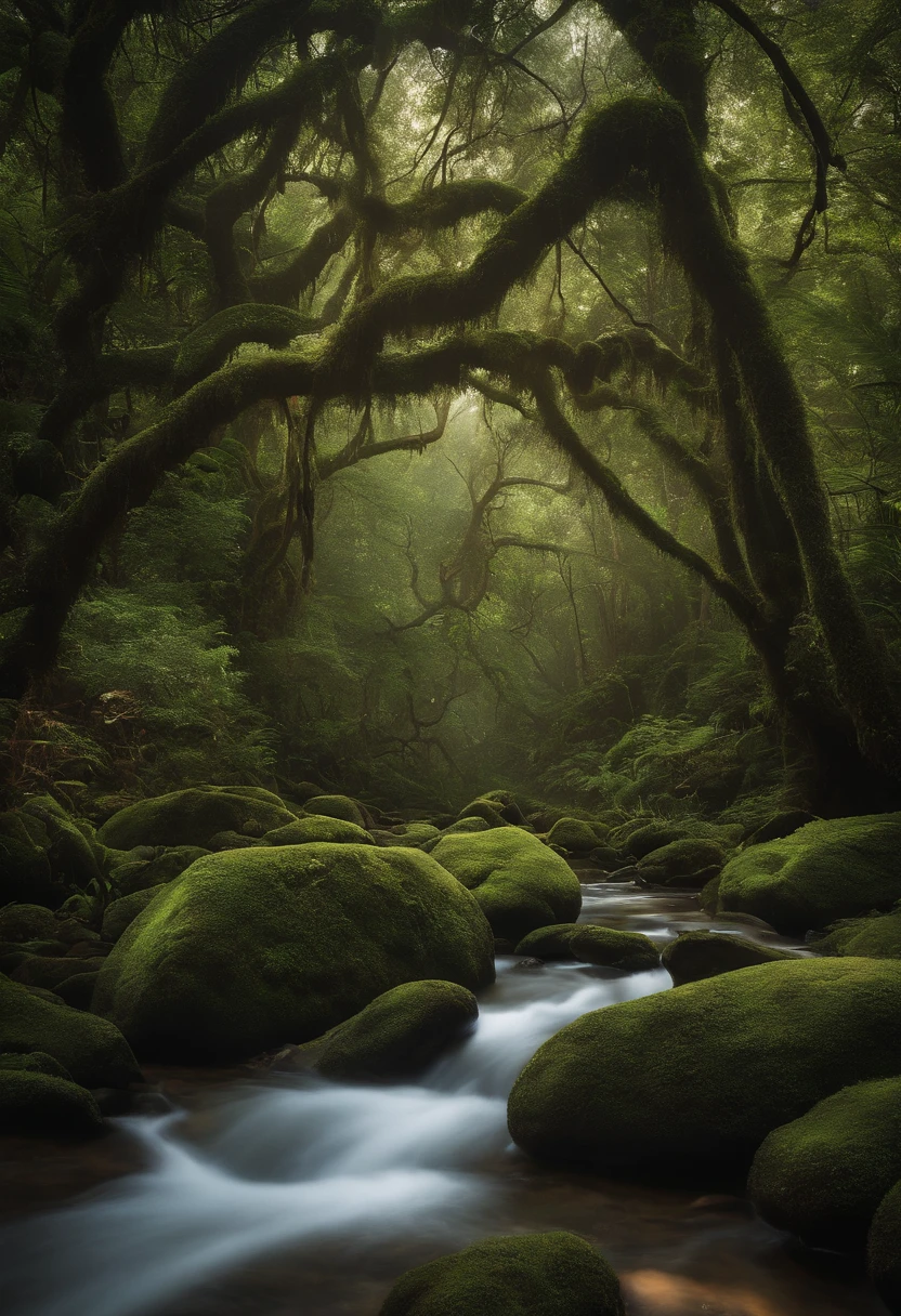 Uma bela foto de floresta densa, corda rasteira, musgo, orchids, mistborn
