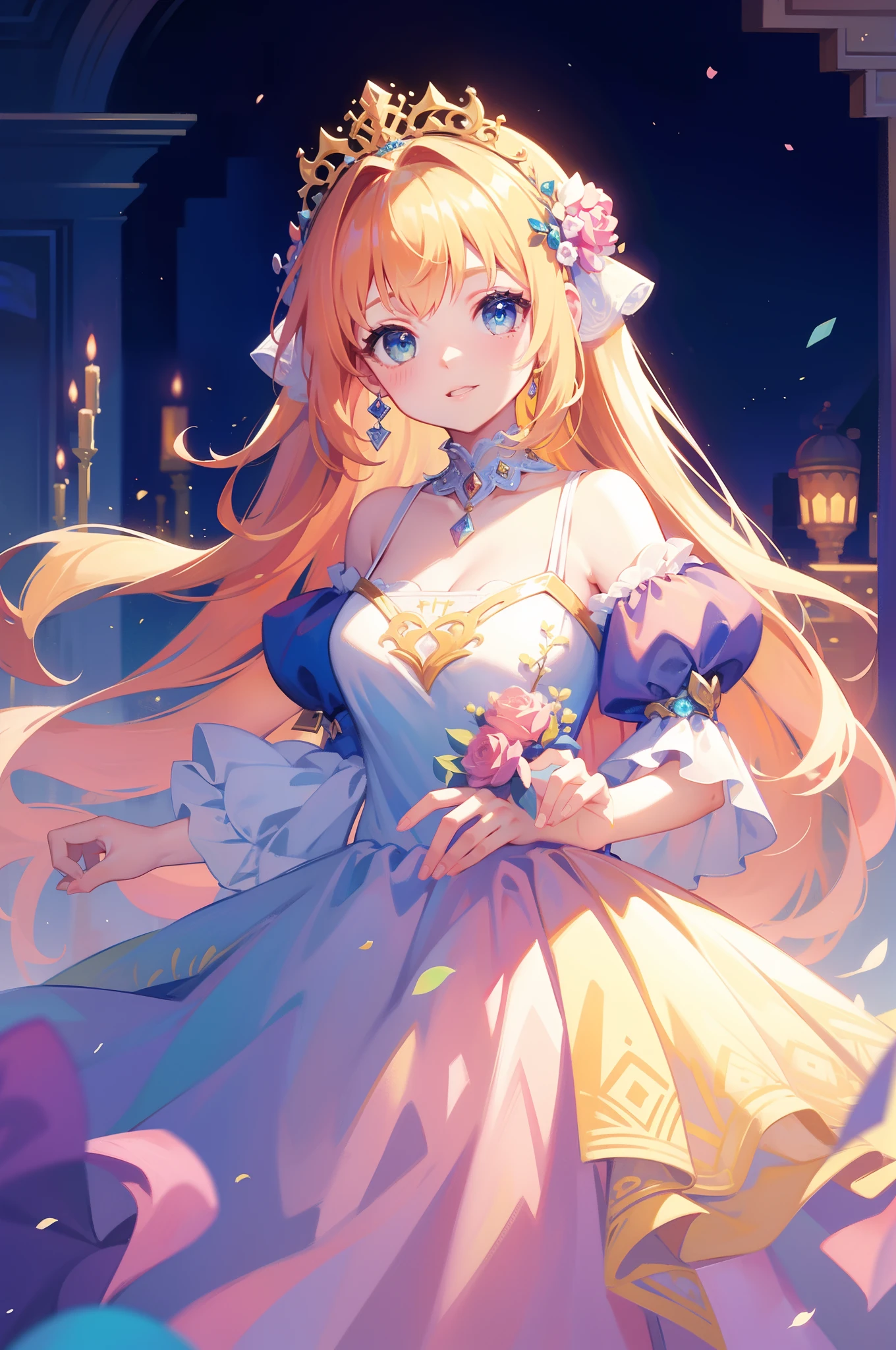 masterpiece, 8k, sharp focus, high resolution, princess, beautiful girl, fantasy princess dress, puffy multi-layered tiered ballgown, collar, sharp focus, intricately detailed dress design, colorful, whimsical, fantasy, magical