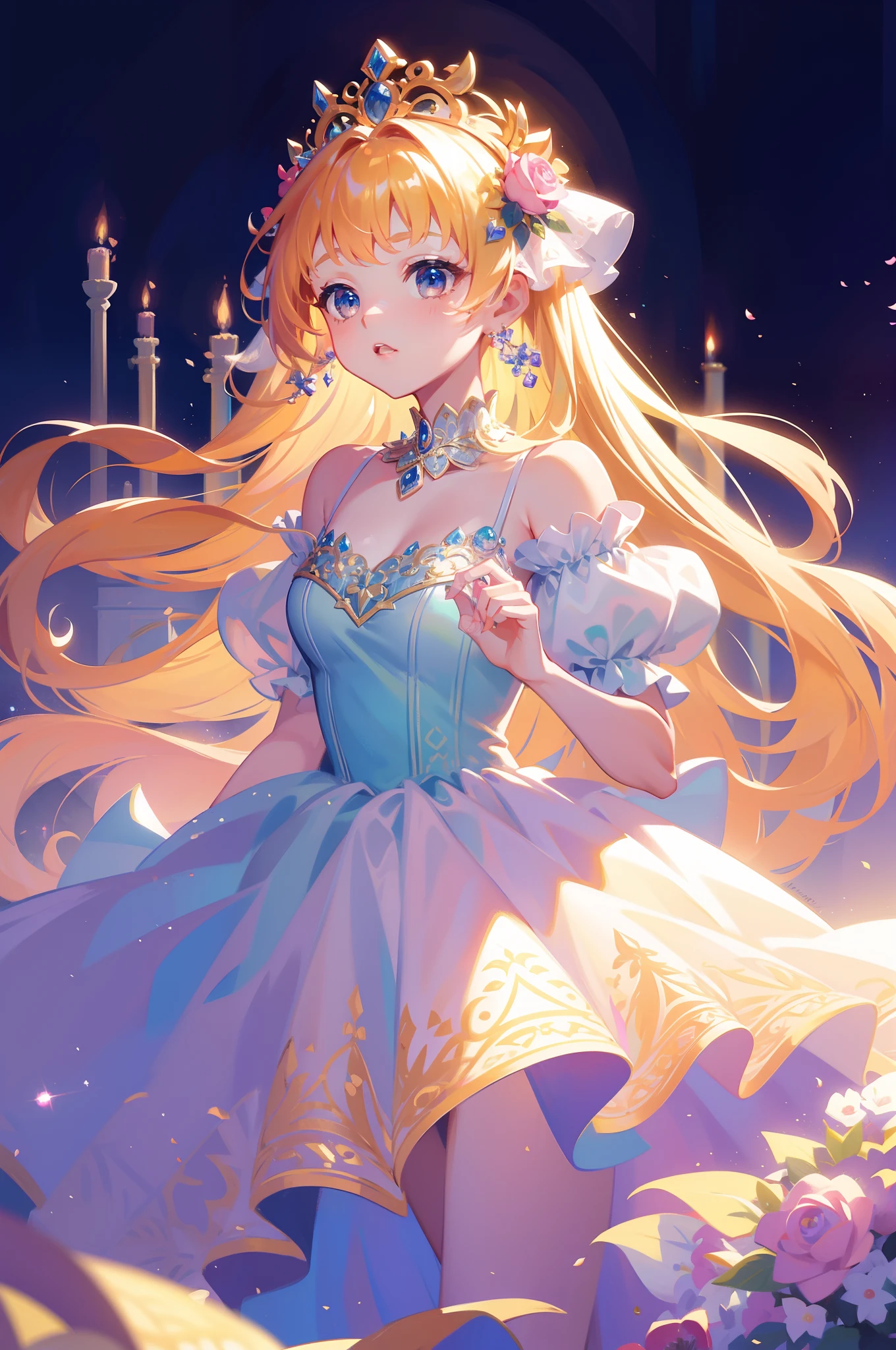 masterpiece, 8k, sharp focus, high resolution, princess, beautiful girl, fantasy princess dress, puffy multi-layered tiered ballgown, collar, sharp focus, intricately detailed dress design, colorful, whimsical, fantasy, magical