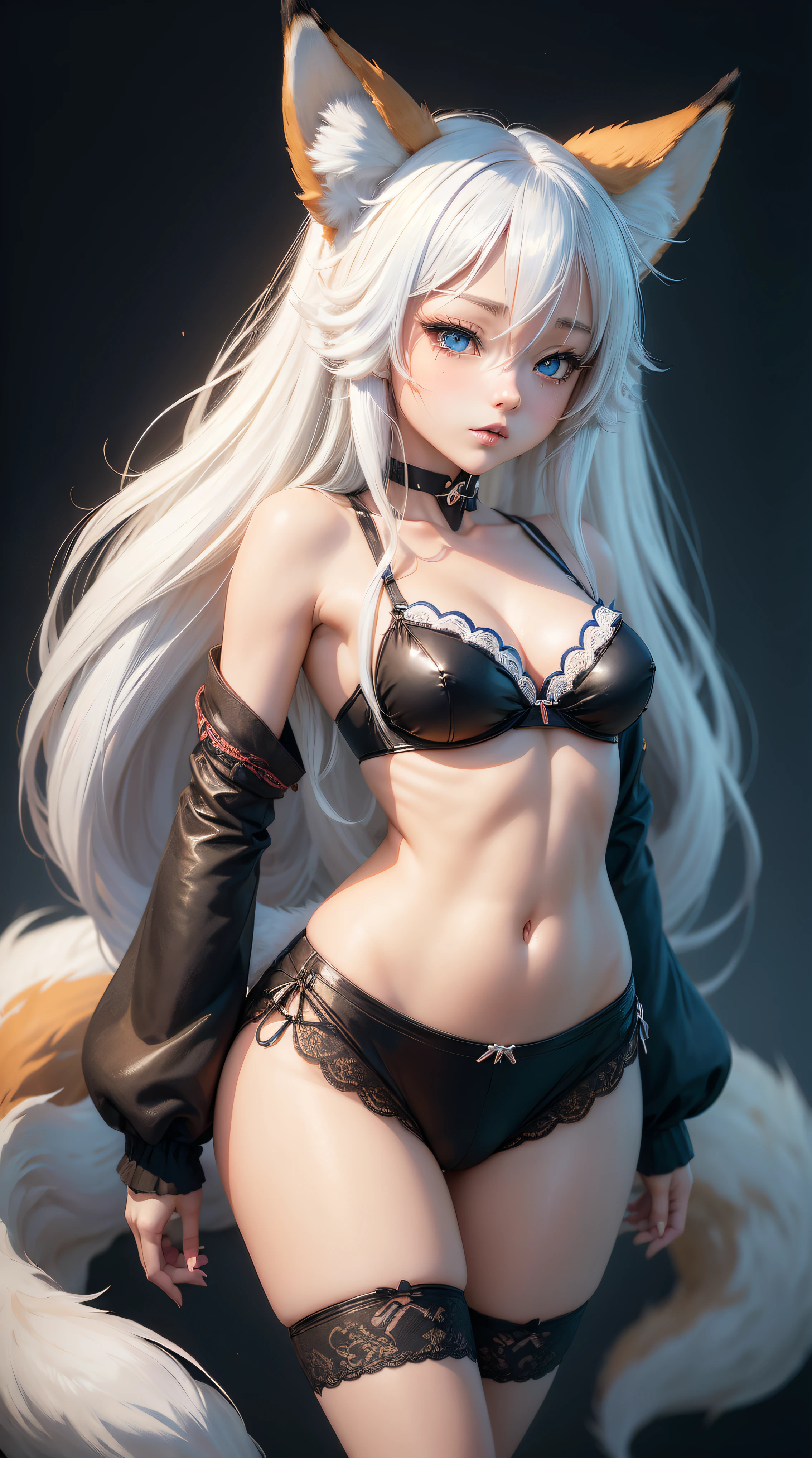 ((Kitsune)), ((Fox Ears)), ((Fox Tail)), (nine tails), ((blue eyes)), (anime girl with long white hair and in a black bra), small curvy , Bashful anime girl, beautiful anime girl, attractive anime girl, pretty anime girl