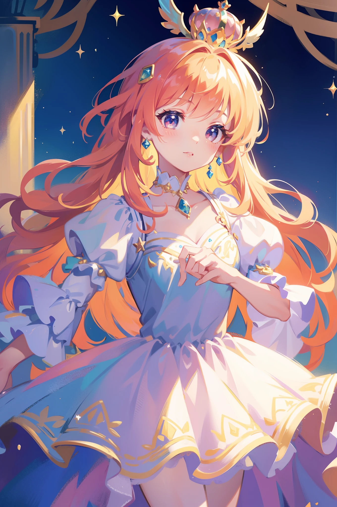 masterpiece, 8k, sharp focus, high resolution, princess, beautiful girl, fantasy princess dress, puffy multi-layered tiered ballgown, magical girl, collar, sharp focus, intricately detailed dress design, colorful, whimsical, fantasy, magical
