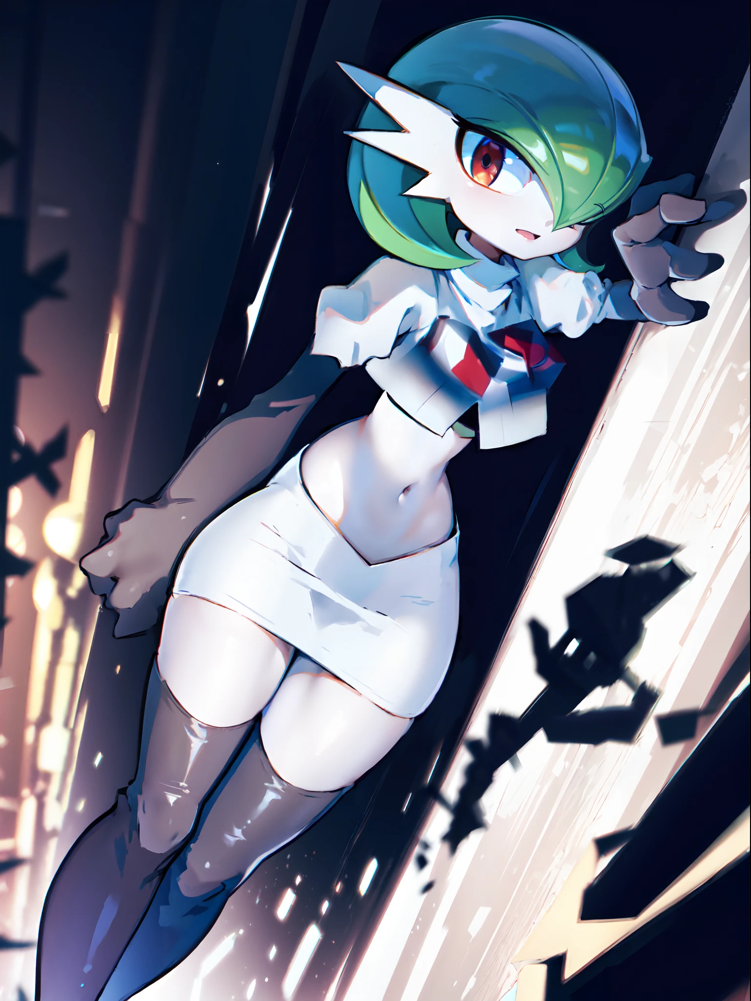 gardevoir,1girl,team rocket,team rocket uniform,white skirt,crop top,black thigh-highs,black elbow gloves,