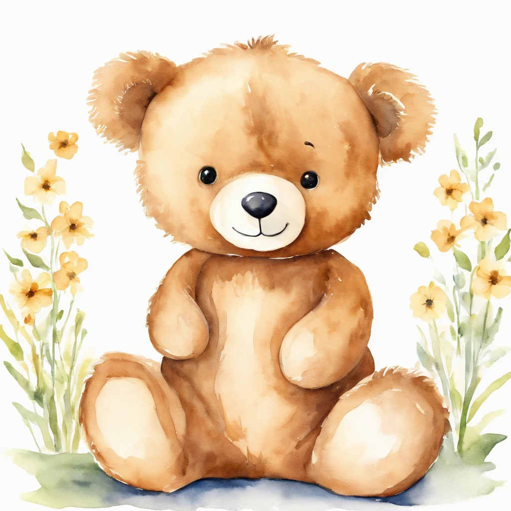 Watercolor drawing of a teddy bear for a children's party, cute, smiling, looking like a , friendly, curious. It must not come with clothes. It must be facing forward, standing up. The background should be solid white, without any other details.