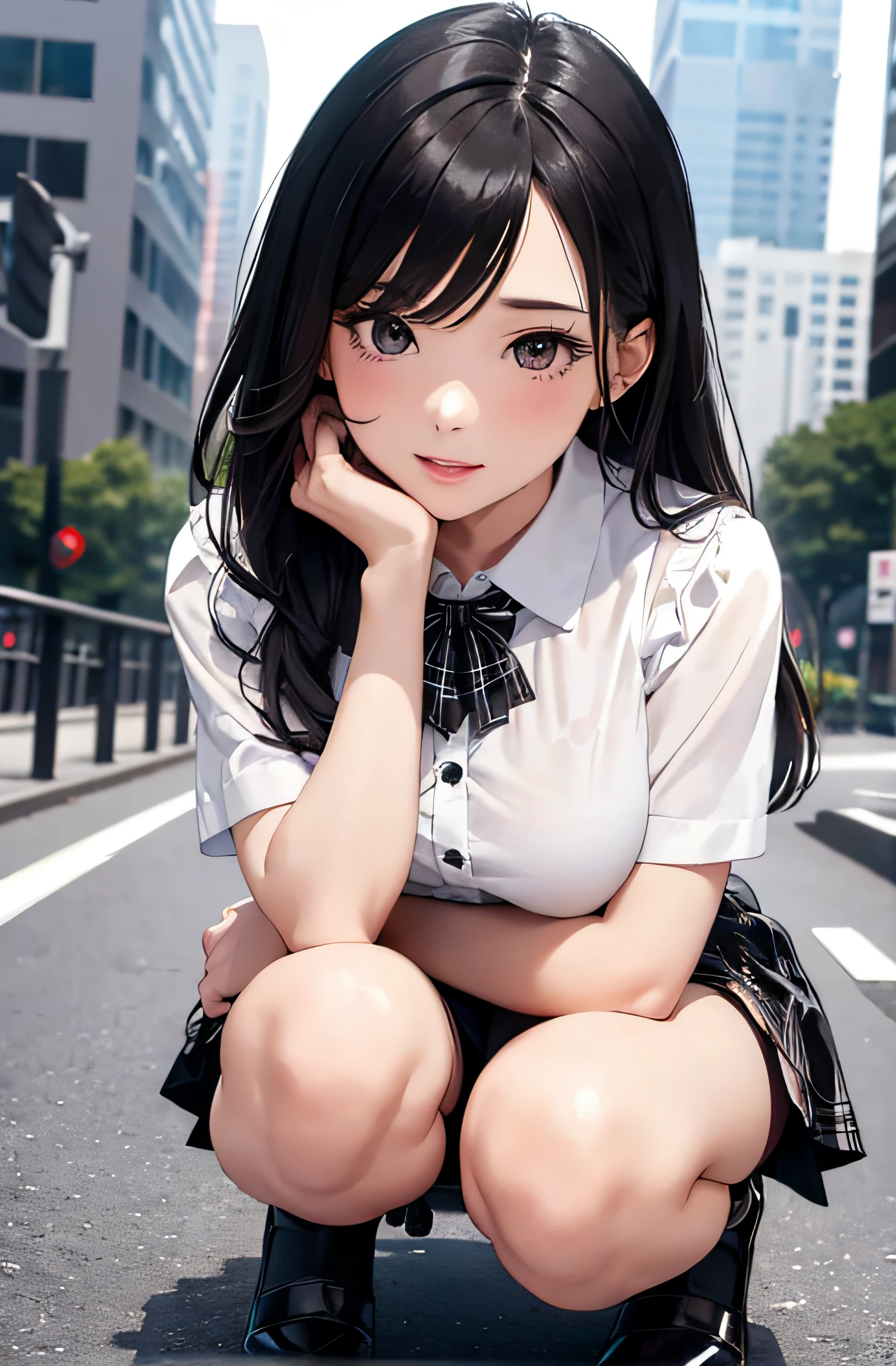 girl in summer clothes, white blouse and black plaid skirt, squatting on the ground, looking straight ahead, black stockings or long stockings, making as if she wants to kiss you, view from viewer, close up photo, medium breasts, cityscape, flirtatious look, ((very detailed)), (perfectly detailed face), (well detailed hand), (well detailed hand) photorealistic image.