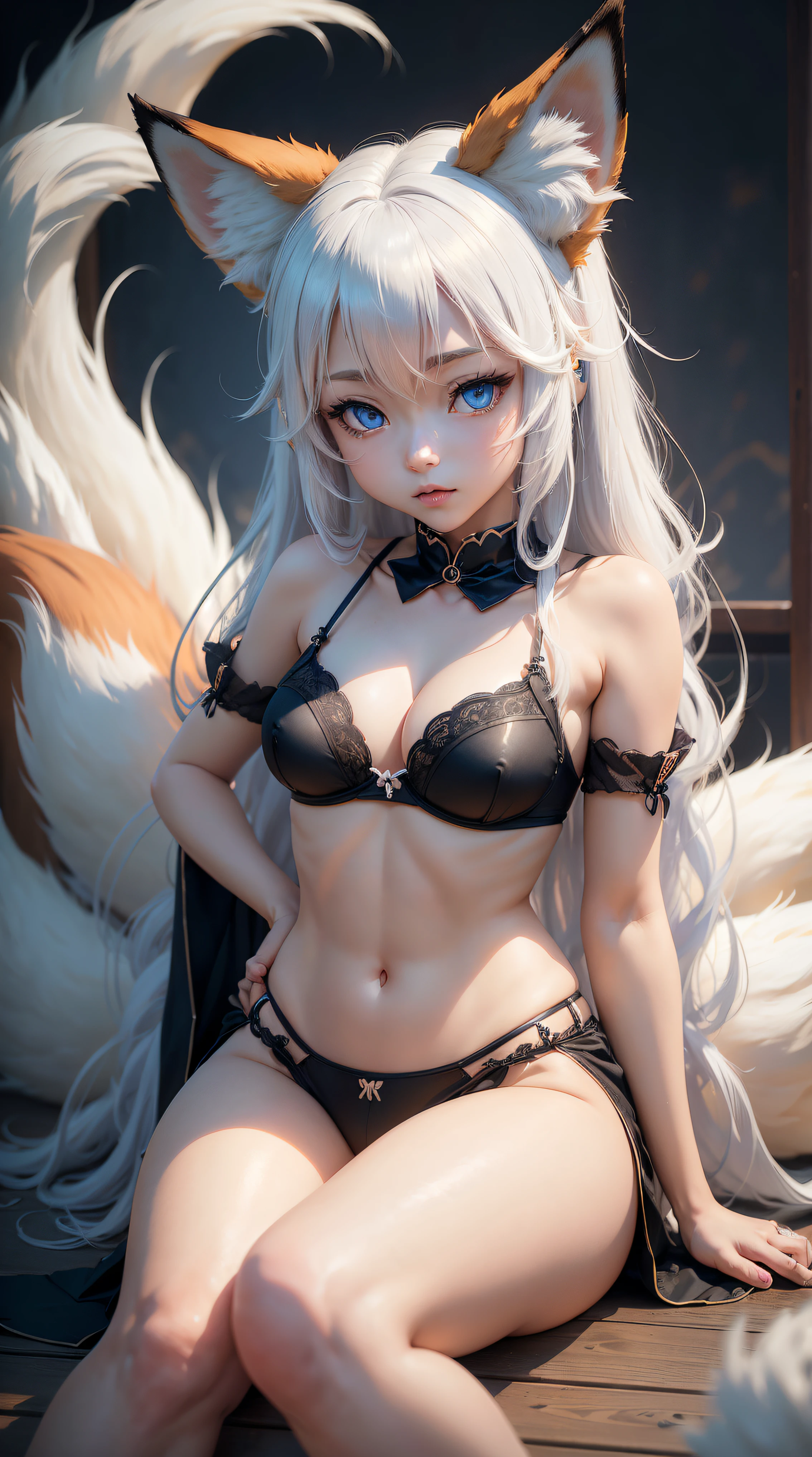 ((Kitsune)), ((Fox Ears)), ((Fox Tail)), (nine tails), ((blue eyes)), (anime girl with long white hair and in a black bra), ??????????? loli, Bashful anime girl, beautiful anime girl, attractive anime girl, pretty anime girl