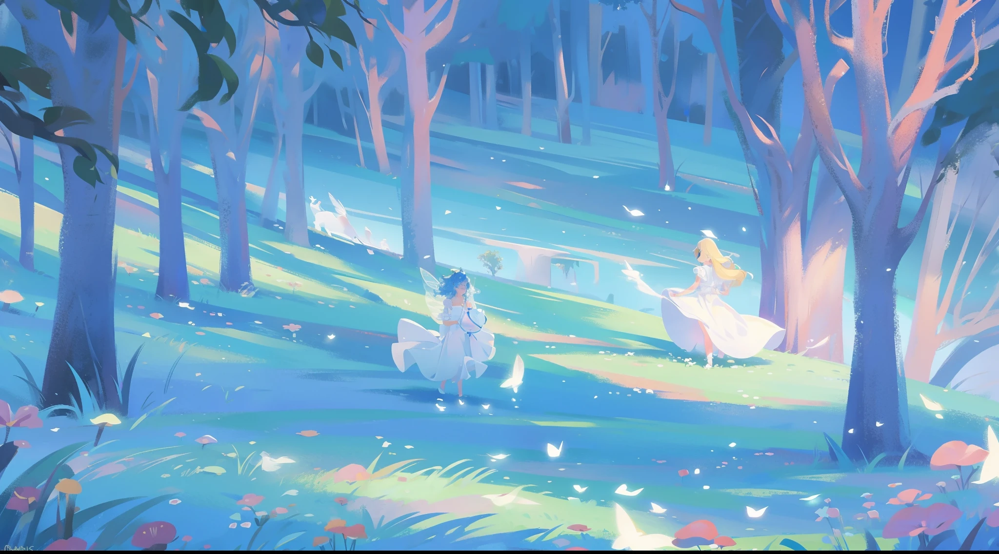 masterpiece, 8k, sharp focus, high resolution, beautiful girls in white dresses, 3girls, otherworldly landscape, fantasia landscape background, willow trees, plants and flowers, dreamlike, dreamy, beautiful, fantasy, water nymph, fairy, water spirit, ethereal