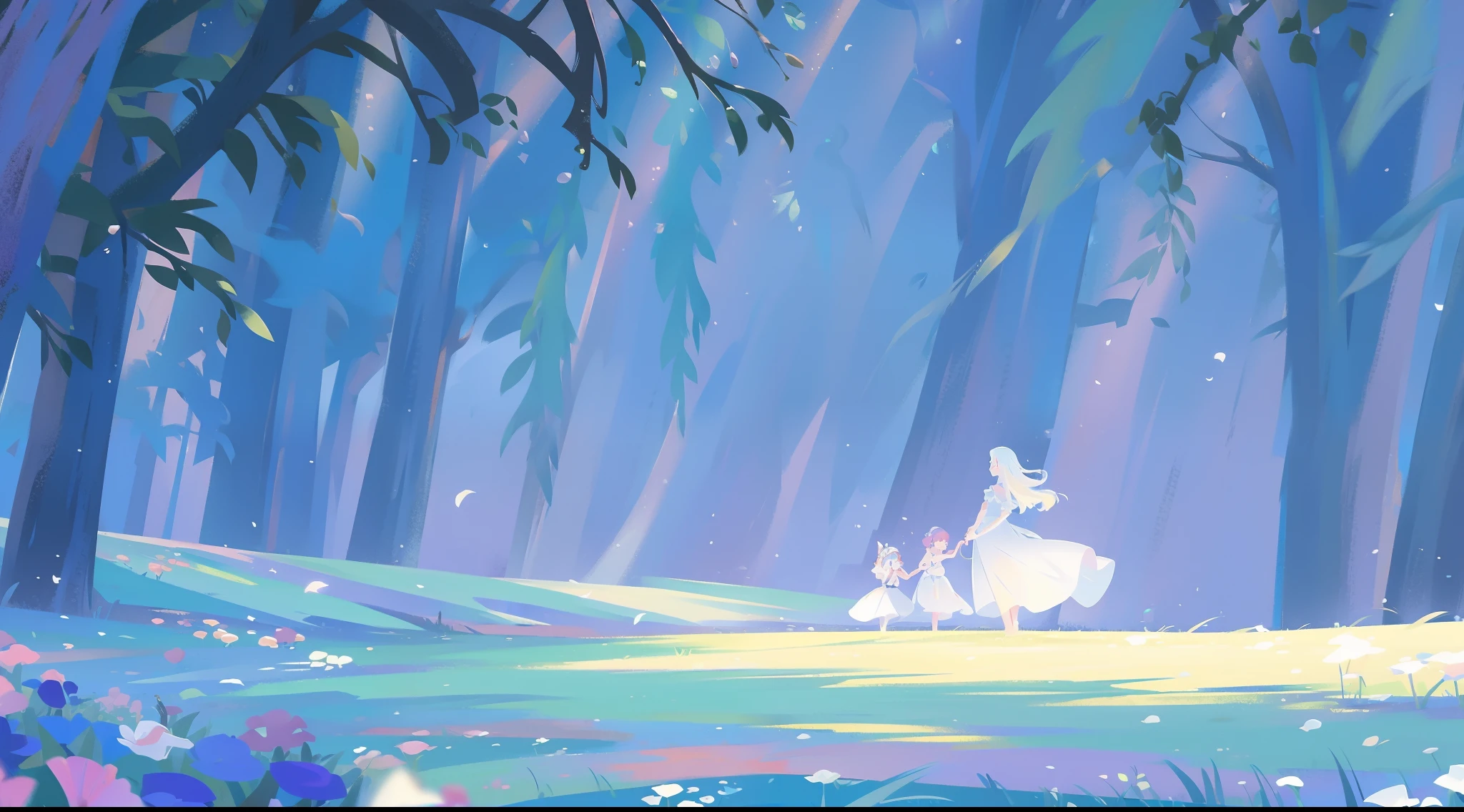masterpiece, 8k, sharp focus, high resolution, beautiful girls in white dresses, 3girls, otherworldly landscape, fantasia landscape background, willow trees, plants and flowers, dreamlike, dreamy, beautiful, fantasy, water nymph, fairy, water spirit, ethereal