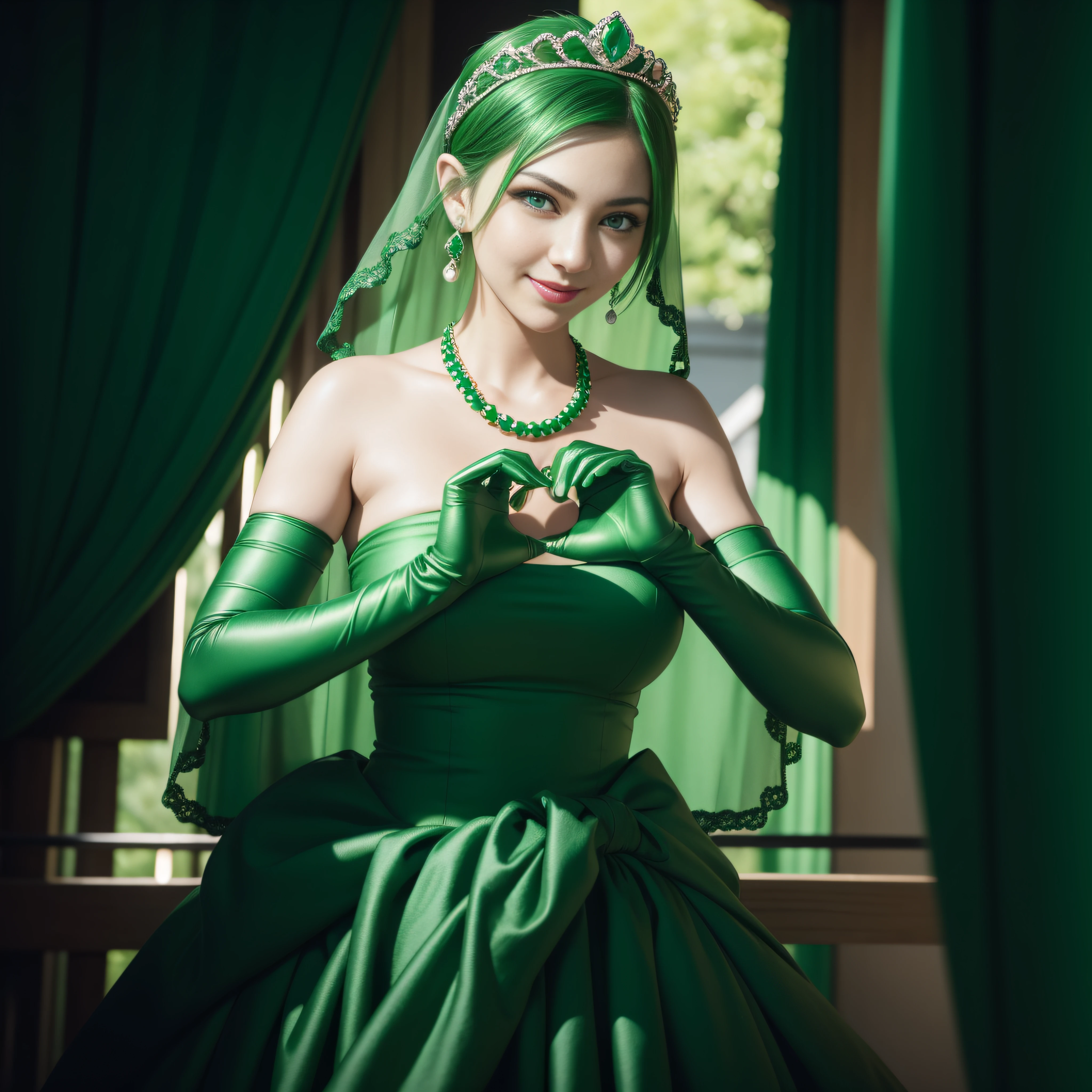 emerald tiara, Green Pearl Necklace, Boyish very short green hair, lipsticks, Japan woman smiling, very short short hair, big breasts beautiful, Green eyes, Long green gloves made of satin material, Green eyes, Emerald Earrings, green vale, Heart with both hands