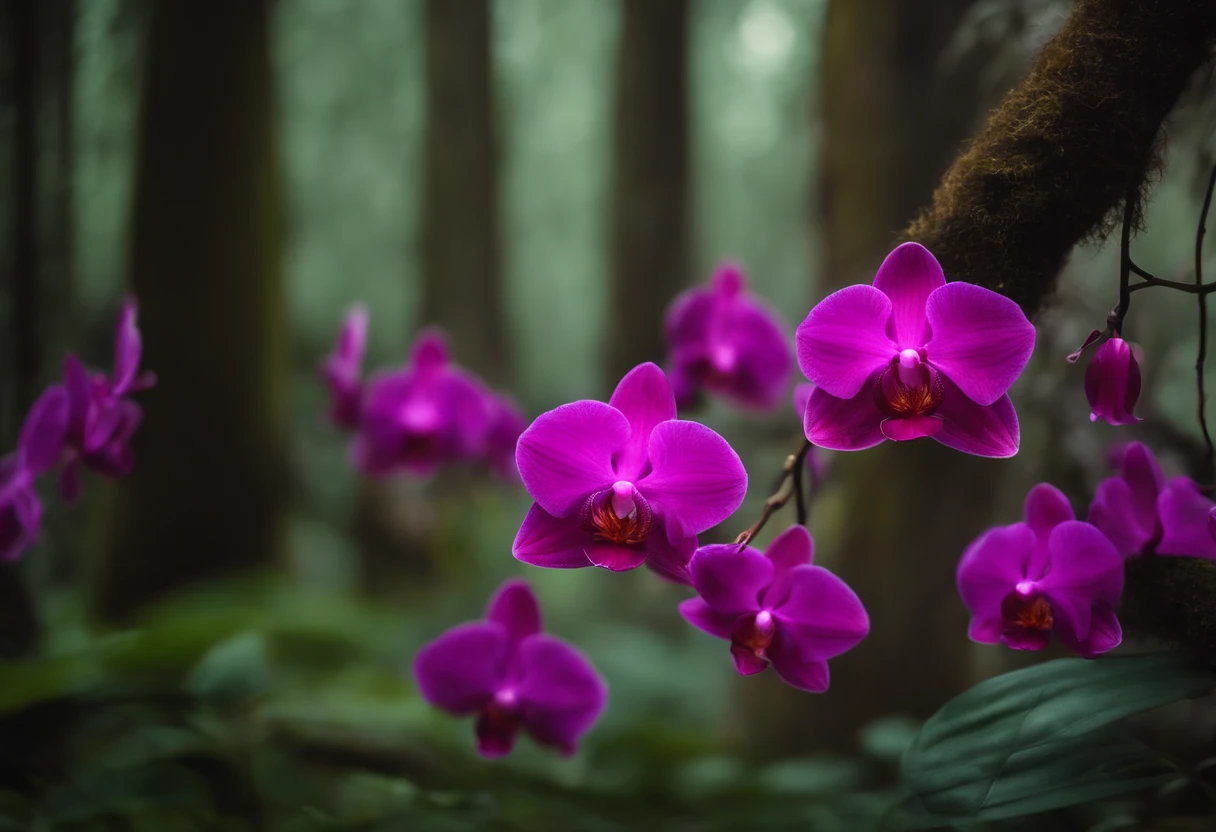 Uma bela foto de floresta densa, corda rasteira, musgo, orchids, mistborn