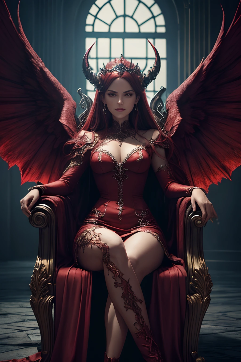 Ultra Detailed Red Body Like Satan on the Throne of Hell, ela-diabo, Vestido preto e vermelho sexy, demon wings, demon horn, olhos realistas detalhados, Context of the chaos of hell and destruction, Evil Queen, staring directly at camera, Smiling with satisfaction, unhas pretas compridas, Shaded illustration of a high quality cell in hell, corpo inteiro, dynamic installation, anatomia perfeita, Centrado, liberdade, alma, Approach to perfection, cell-shading, 8k , cinematic dramatic atmosphere, pintura em aquarela, global ilumination, ambiente detalhado e intrincado, art-station, arte conceitual, smooth and sharp focus, volumeric lighting, kinematic lighting ,imagem de corpo inteiro ( corrigir fundo da imagem ( starly sky, lua cheia)